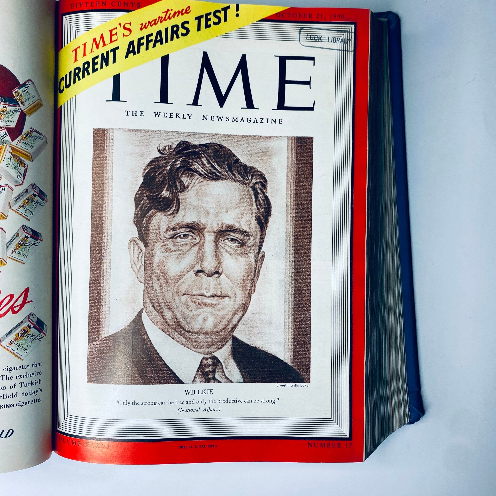 Time Magazine Library Bound Weekly October 7, 1940 - December 30, 1940 showcasing the cover featuring Wendell Willkie, with the quote 'Only the strong can be free and only the productive can be strong.'