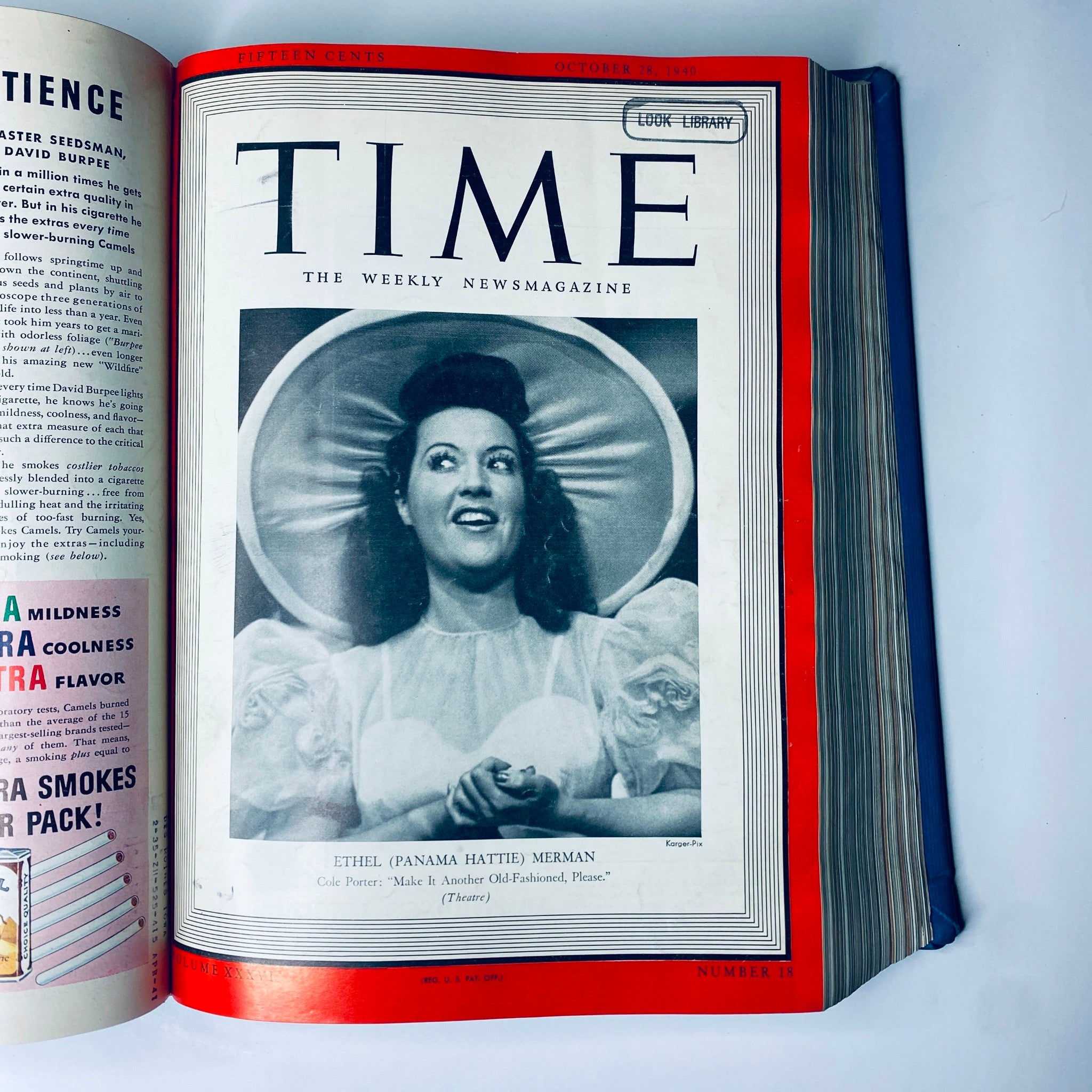 Time Magazine Library Bound Weekly October 7, 1940 - December 30, 1940 highlighting Ethel Merman on the cover, referred to as 'Ethel (Panama Hattie) Merman'.