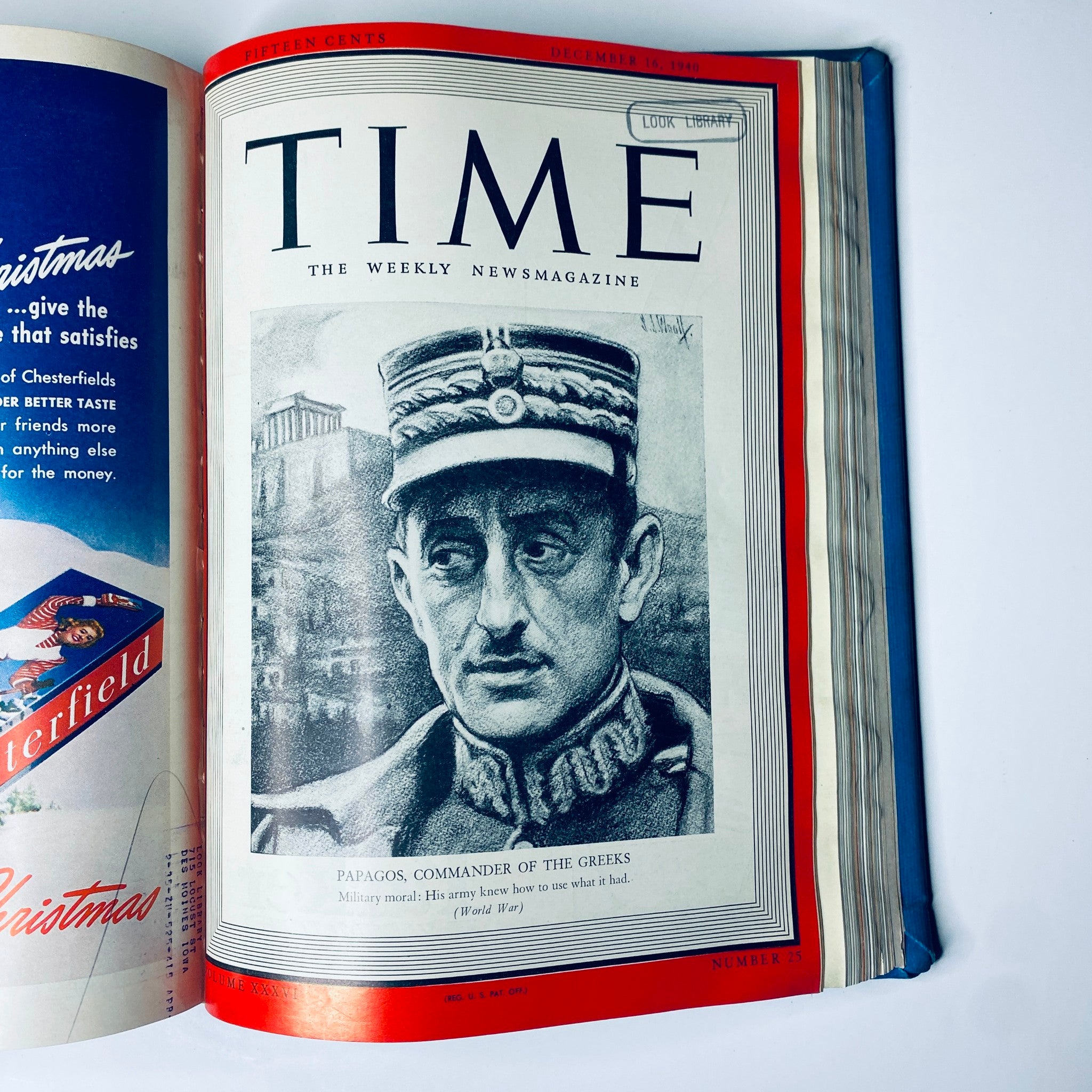 Cover of Time Magazine Library Bound Weekly, depicting Alexandros Papagos, Commander of the Greek Army, published on December 16, 1940.