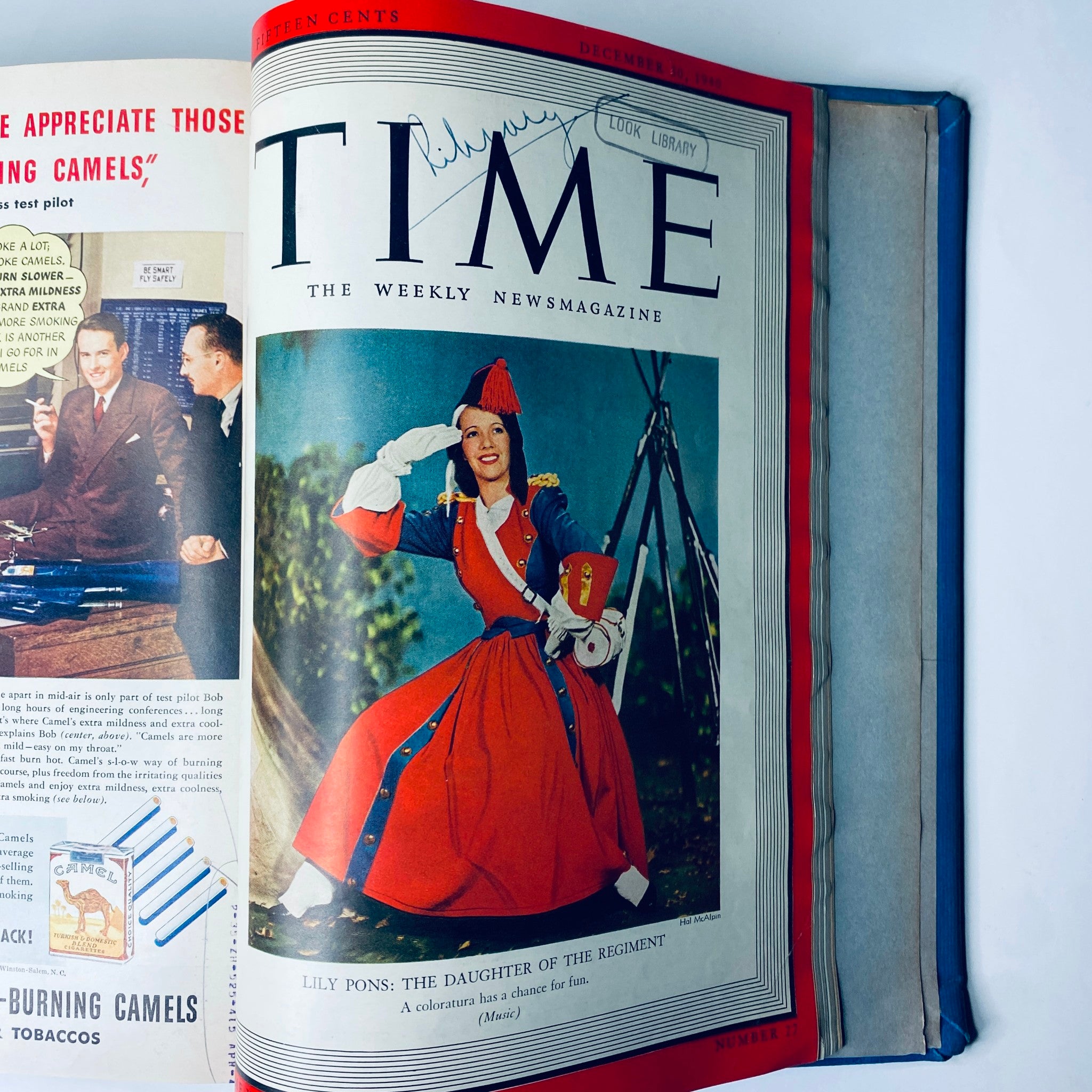 Interior page of Time Library Bound Weekly Magazine featuring the cover of the December 30, 1940 issue with a spotlight on Lily Pons, titled 'The Daughter of the Regiment', presenting a color photogenic illustration under the original title 'Time Magazine Library Bound Weekly October 7, 1940 - December 30, 1940'.