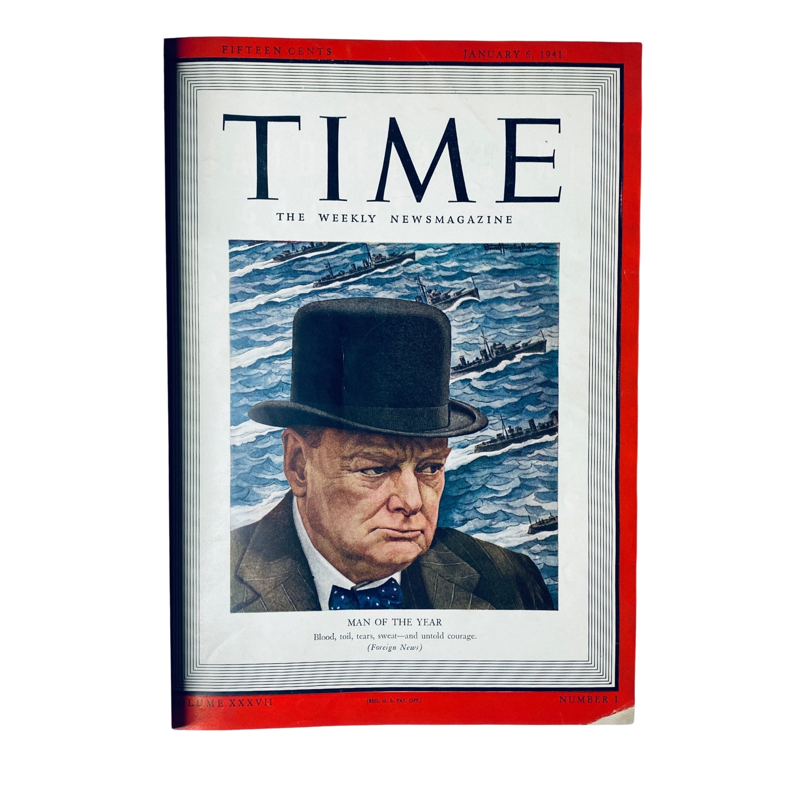 Time Magazine cover from January 6, 1941, featuring the title 'Man of the Year' with a portrait of Winston Churchill against a backdrop of tumultuous seas.