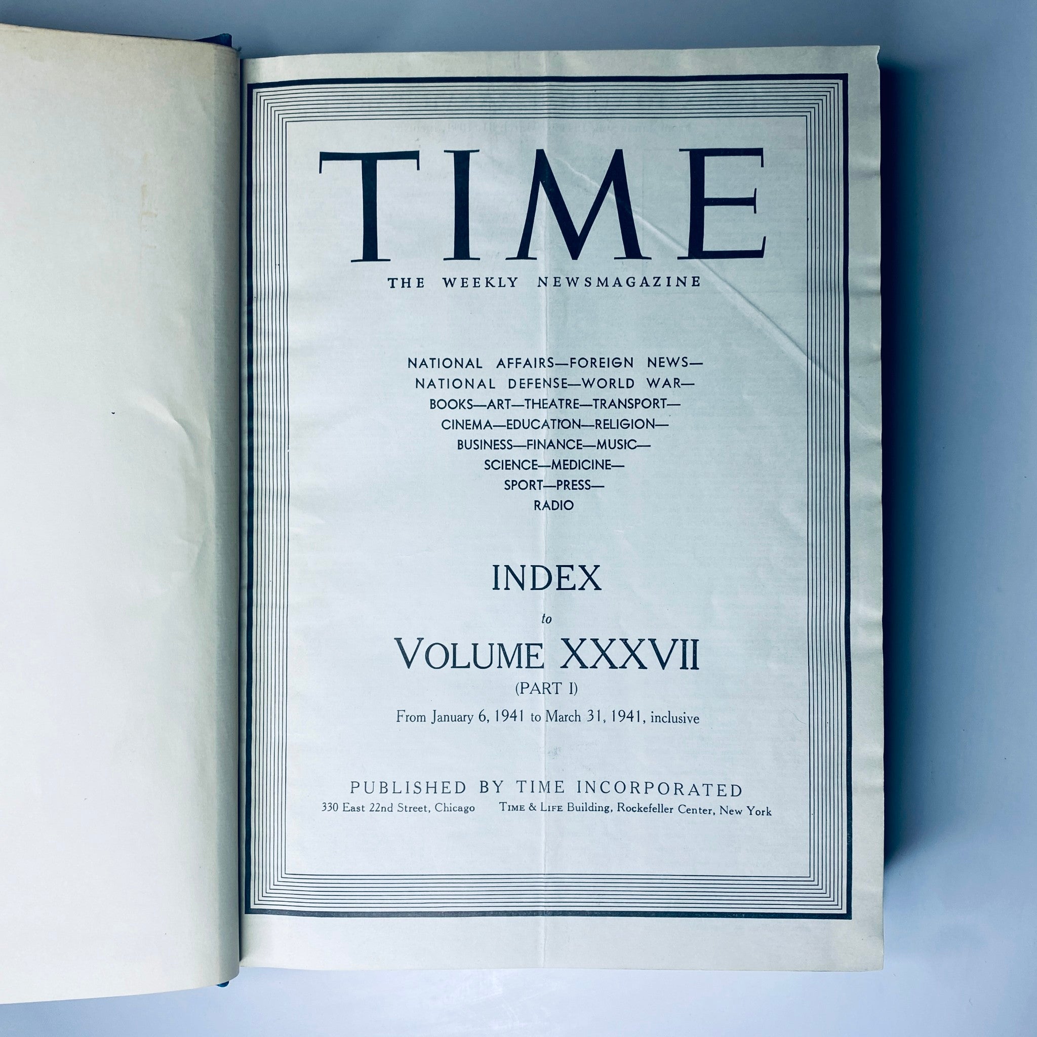 Index page of Time Magazine Library Bound January 6, 1941 - March 31, 1941, featuring the title and publication details.