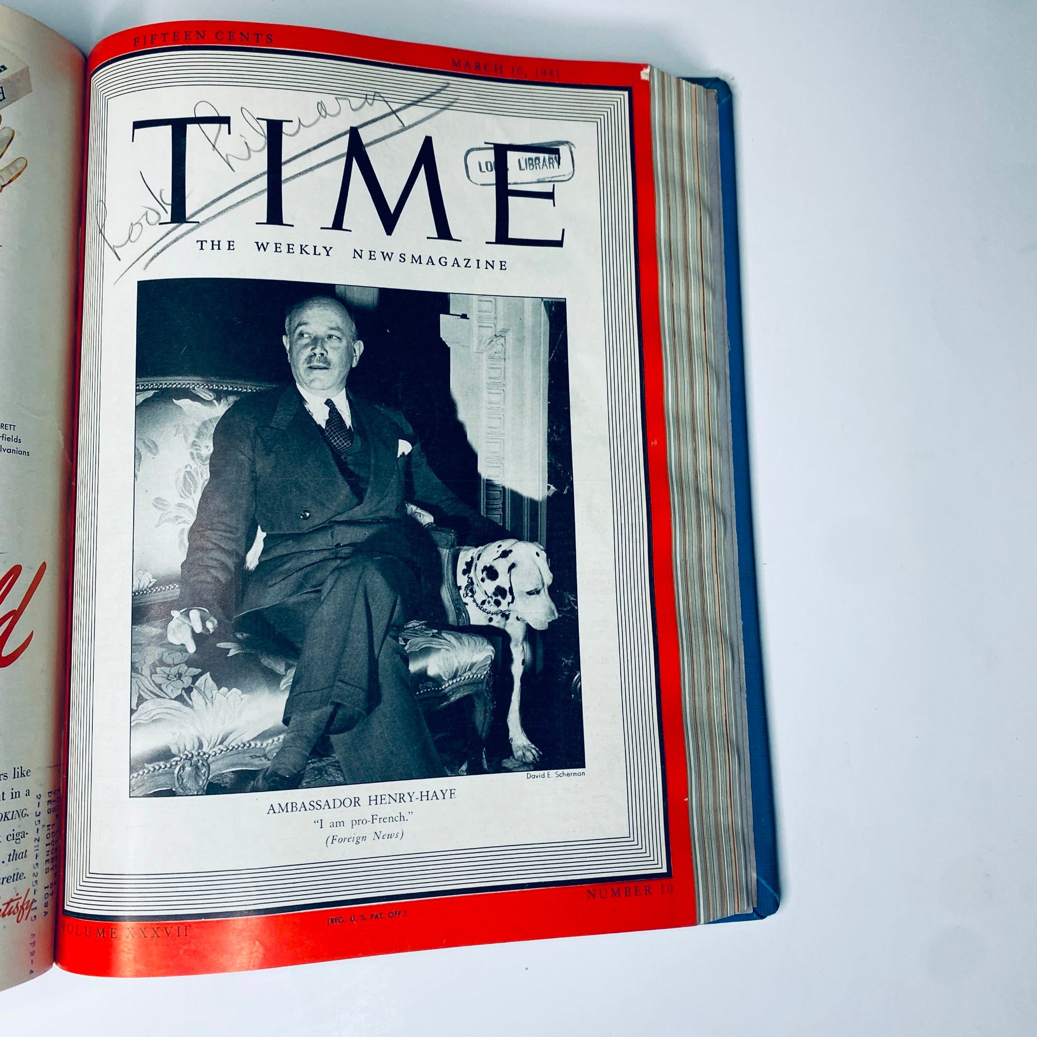 Cover page of Time Magazine dated March 10, 1941, featuring Ambassador Gaston Henry-Haye and his dog. Part of the Time Magazine Library Bound January 6 to March 31, 1941.