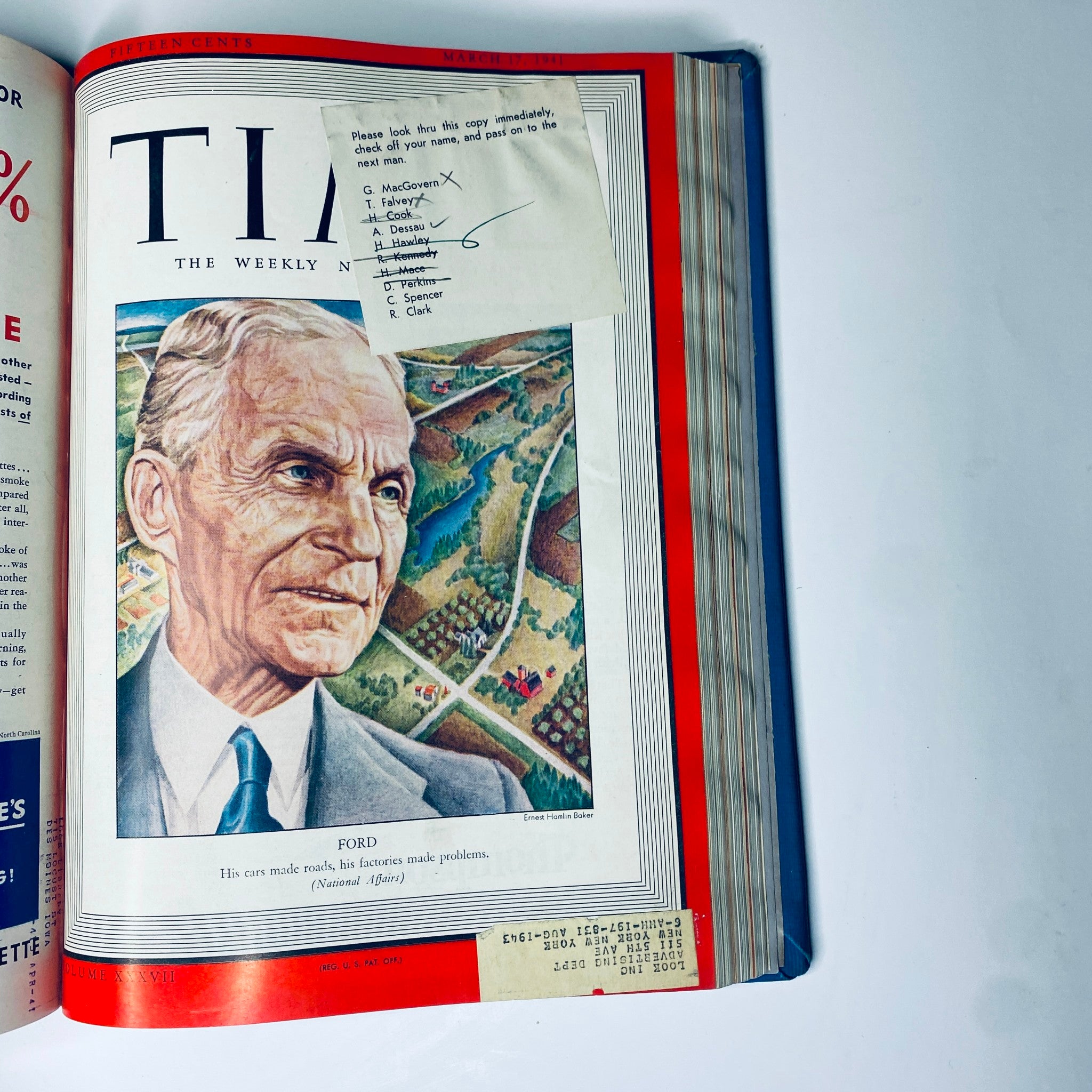 Cover page of Time Magazine from March 10, 1941, showcasing a portrait of Henry Ford, highlighting his impact on transportation. Part of the Time Magazine Library Bound January 6 to March 31, 1941.