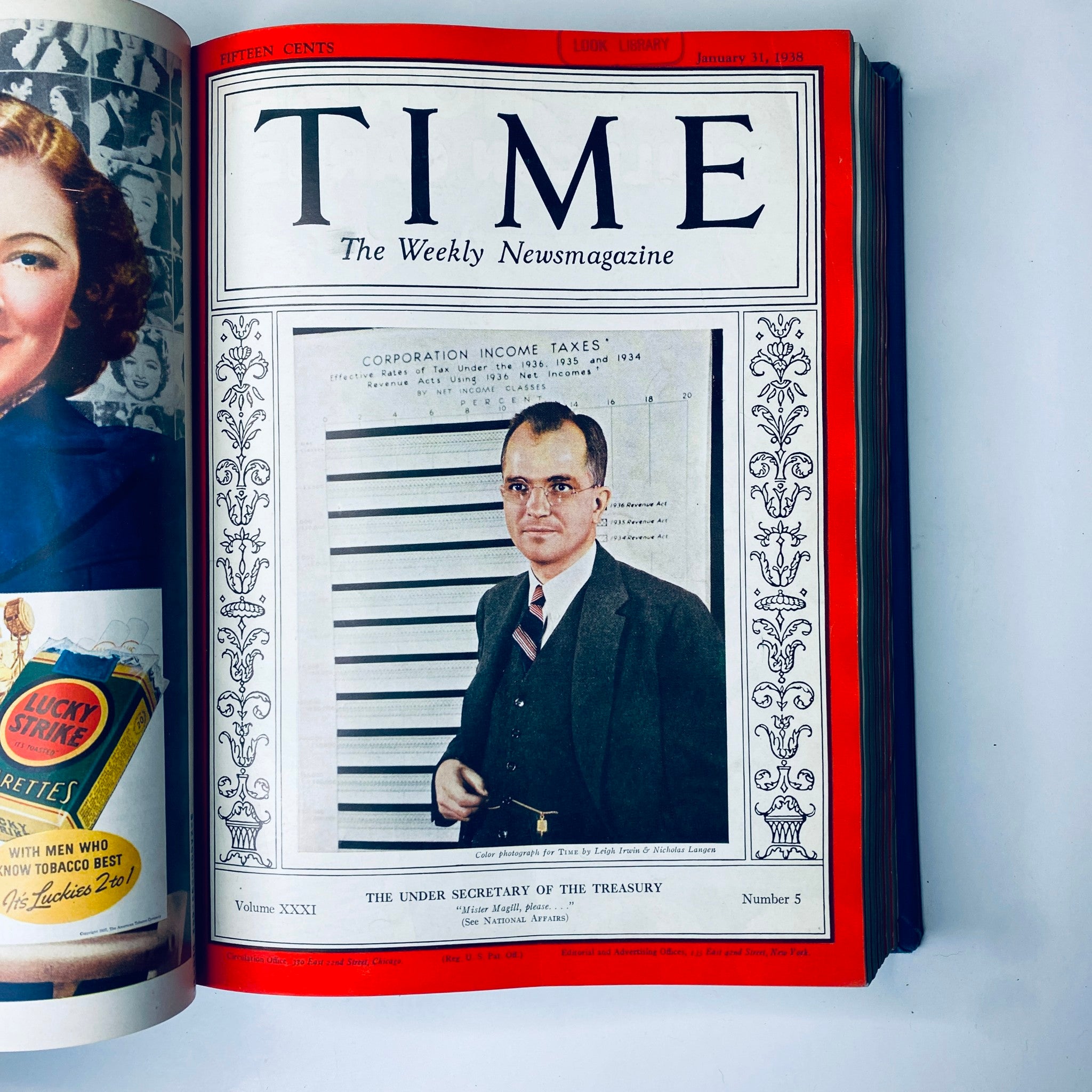 Time Magazine cover featuring the Under Secretary of the Treasury from January 31, 1938, as part of the Time Magazine Library Bound collection from January 3 to March 28, 1938.
