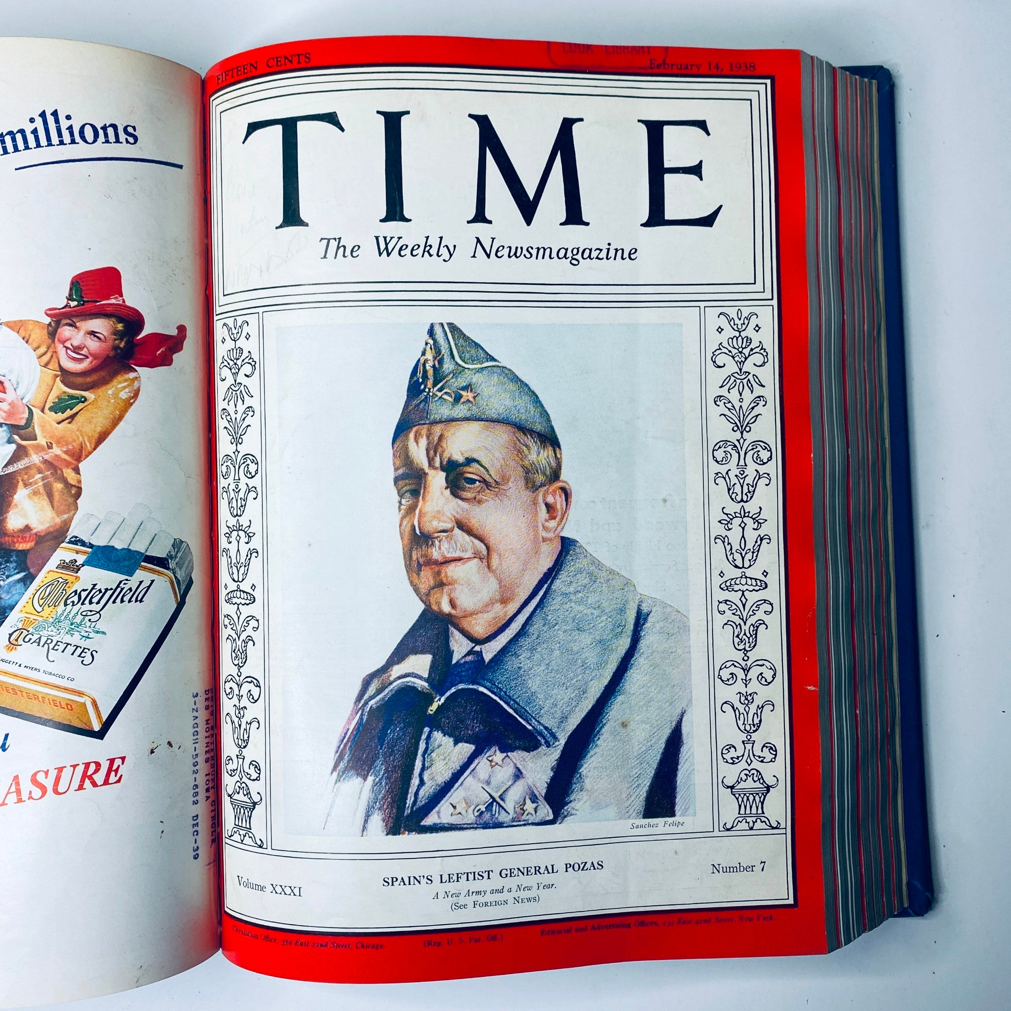 Time Magazine cover depicting Spain's Leftist General Pozas from February 14, 1938, included in the Time Magazine Library Bound collection from January 3 to March 28, 1938.