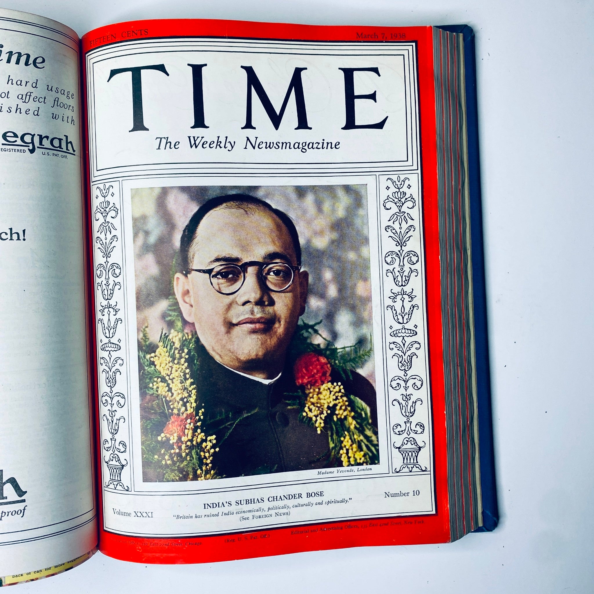 Cover of Time Magazine, March 7, 1938 featuring India's Subhas Chander Bose, part of the Time Magazine Library Bound January 3, 1938 - March 28, 1938 collection.