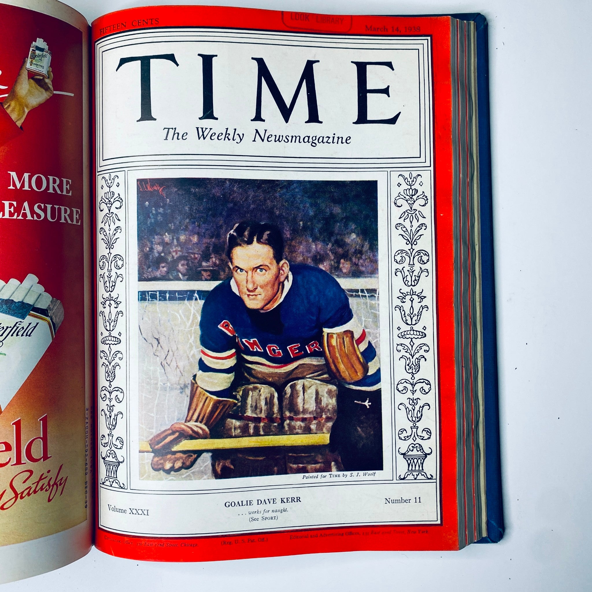 Cover of Time Magazine, March 14, 1938 showcasing Goalie Dave Kerr, featured in the Time Magazine Library Bound January 3, 1938 - March 28, 1938.