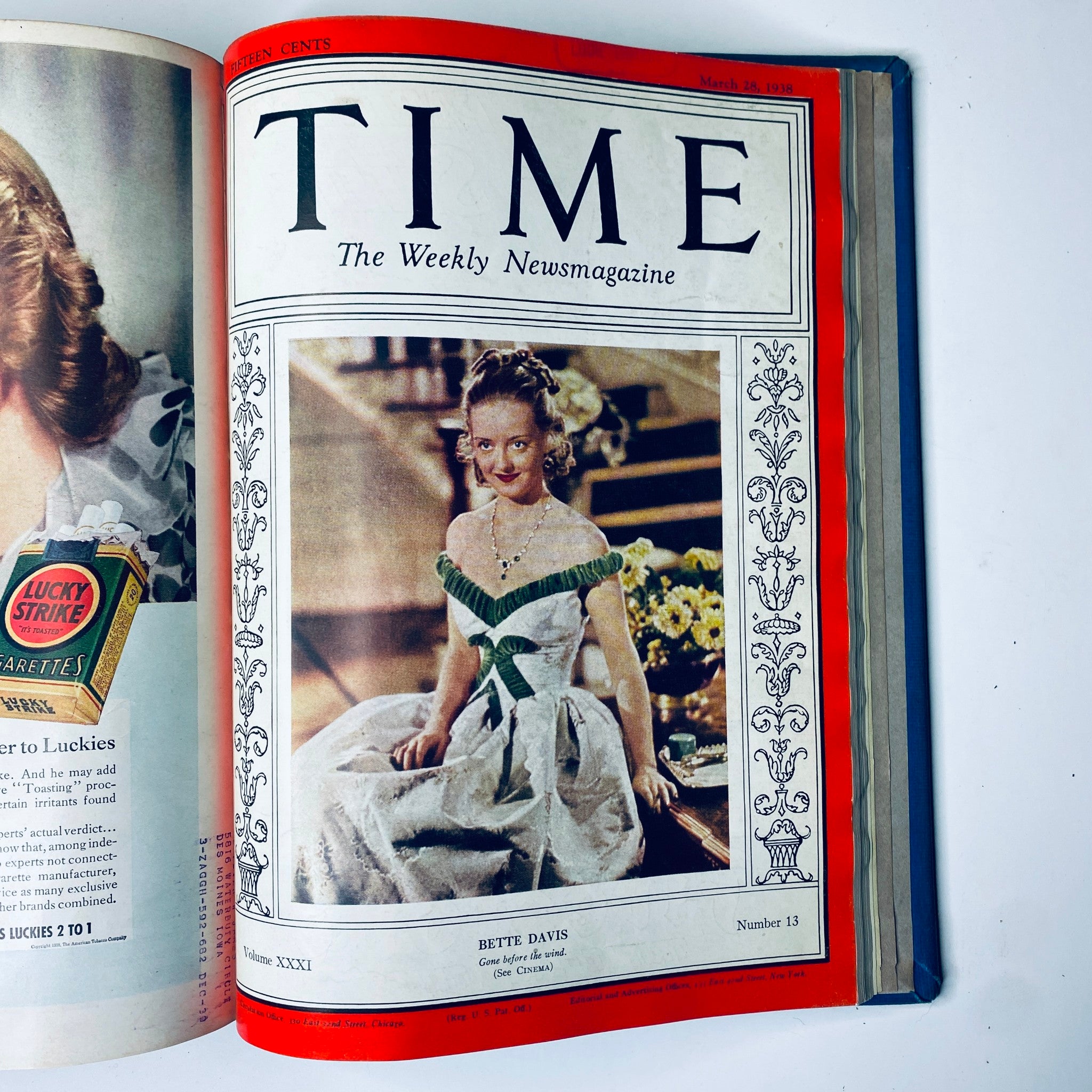 Cover of Time Magazine, March 28, 1938 with actress Bette Davis, part of the Time Magazine Library Bound January 3, 1938 - March 28, 1938 volume.