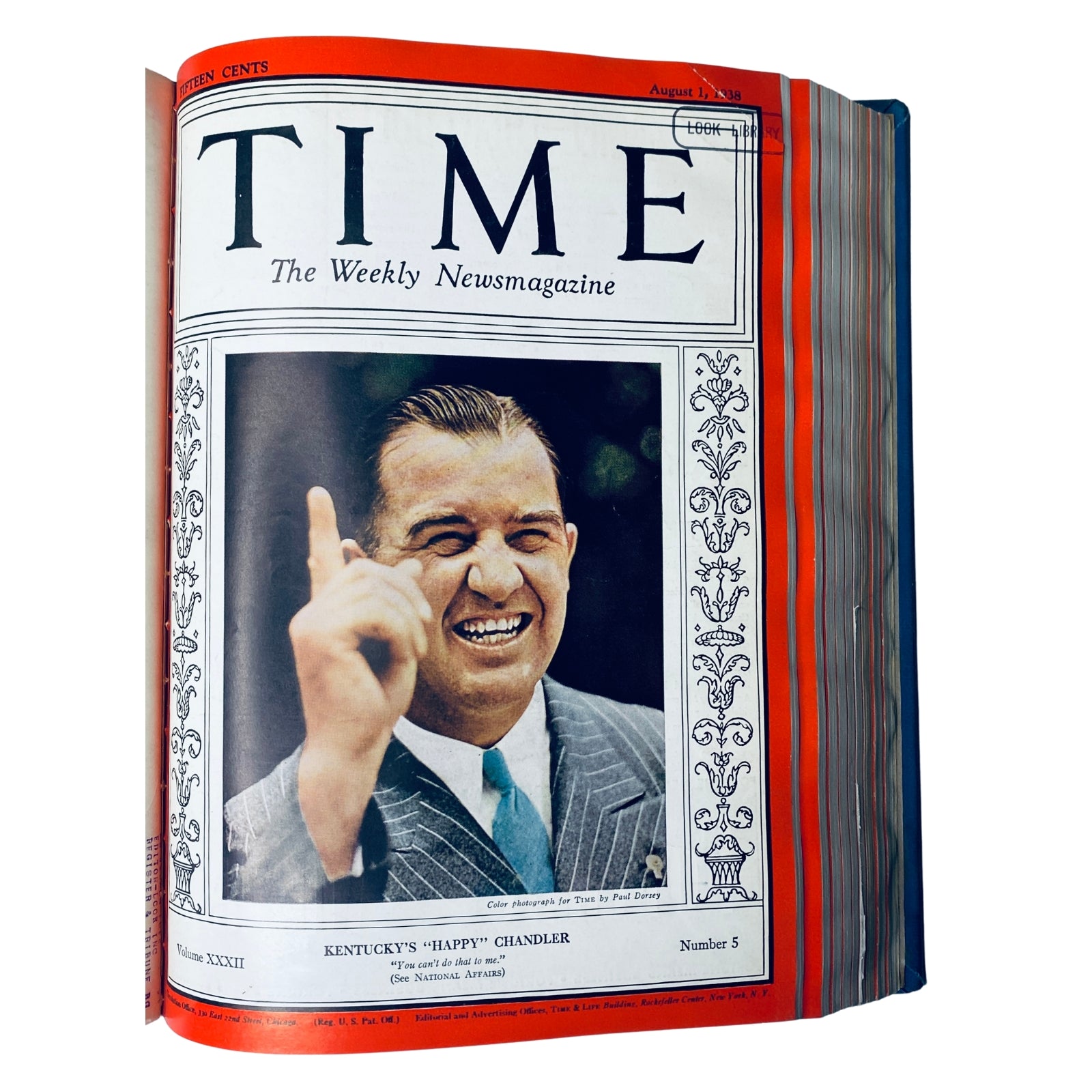Cover of Time Magazine Library Bound Weekly from July 4 to September 26, 1938, featuring Kentucky's 'Happy' Chandler. A colorful illustration showcasing the magazine's title and issue details.
