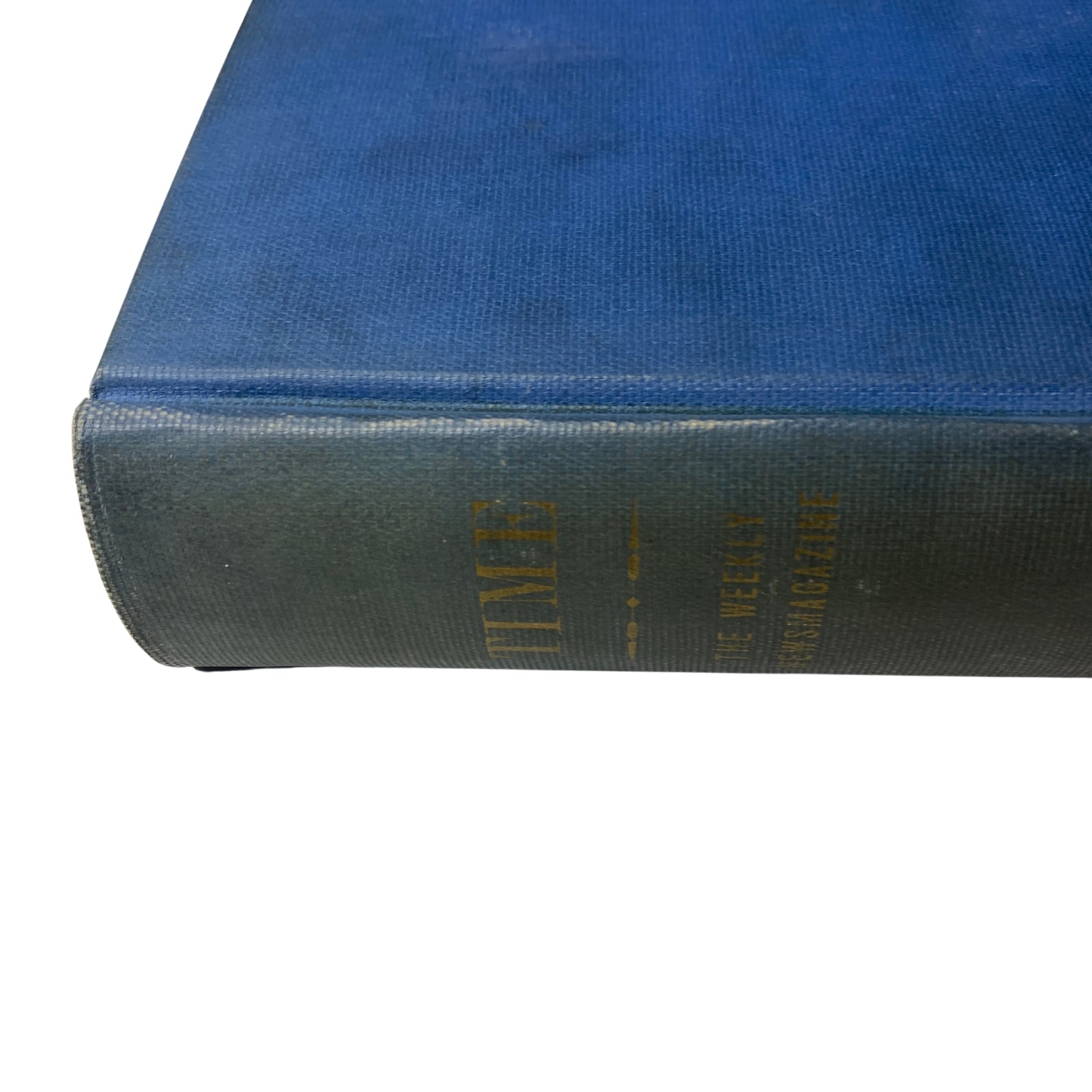 Close-up view of the spine of the Library Bound Time Magazine dated July 3, 1938 to September 26, 1938, highlighted in blue and gold lettering.