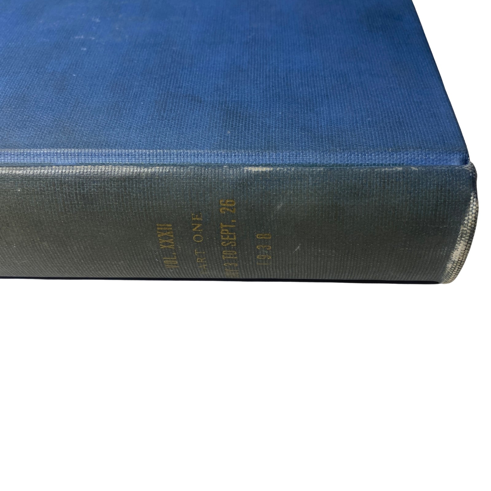 Detailed view of the spine of the Library Bound Time Magazine for July 3, 1938 to September 26, 1938, showcasing embossed details in gold on a blue background.