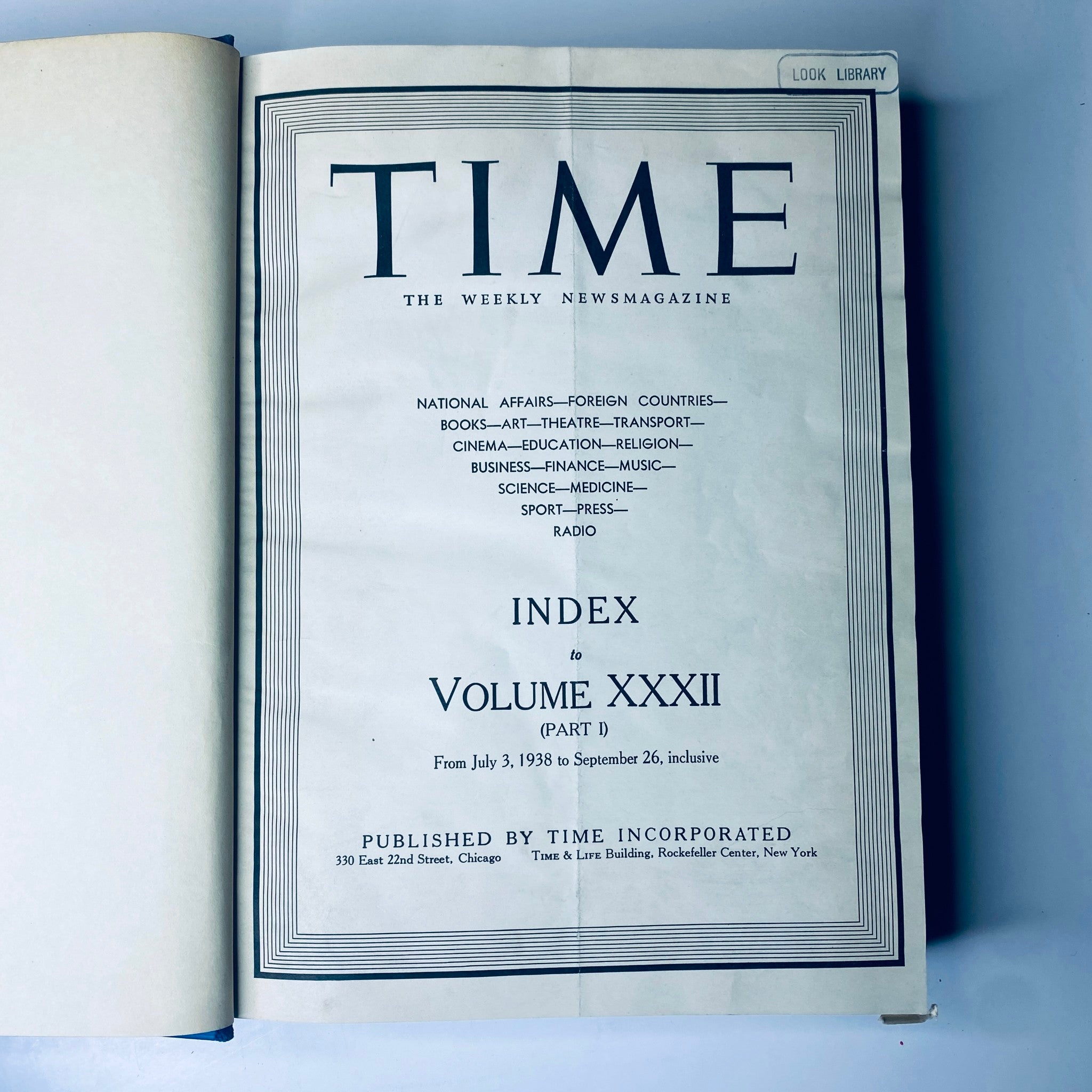 Title page of the Library Bound Time Magazine, titled 'Time: The Weekly Newsmagazine,' with the index to Volume XXXII covering July 3, 1938 to September 26, 1938.