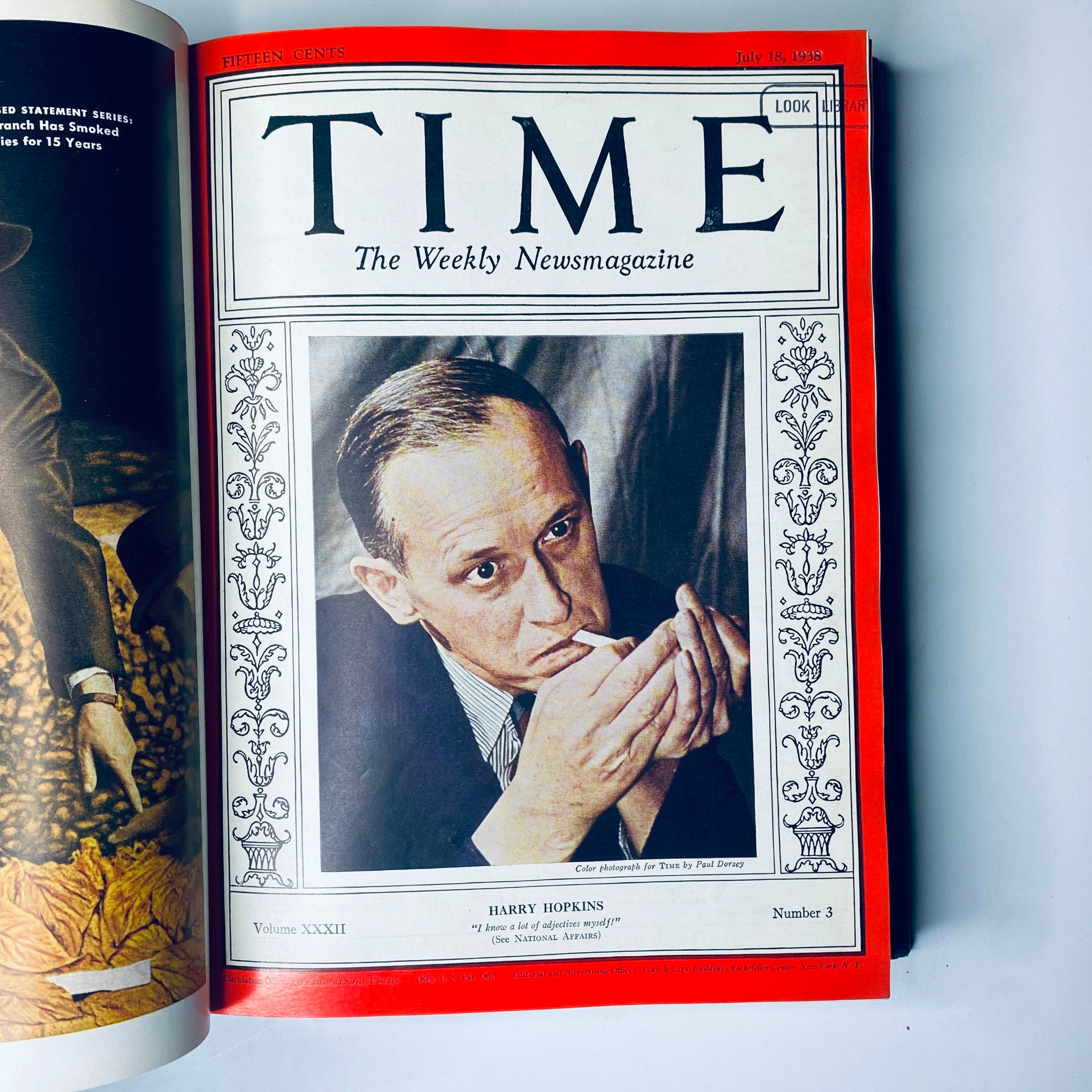 Cover of Time Magazine Library Bound Weekly July 18, 1938 featuring Harry Hopkins.