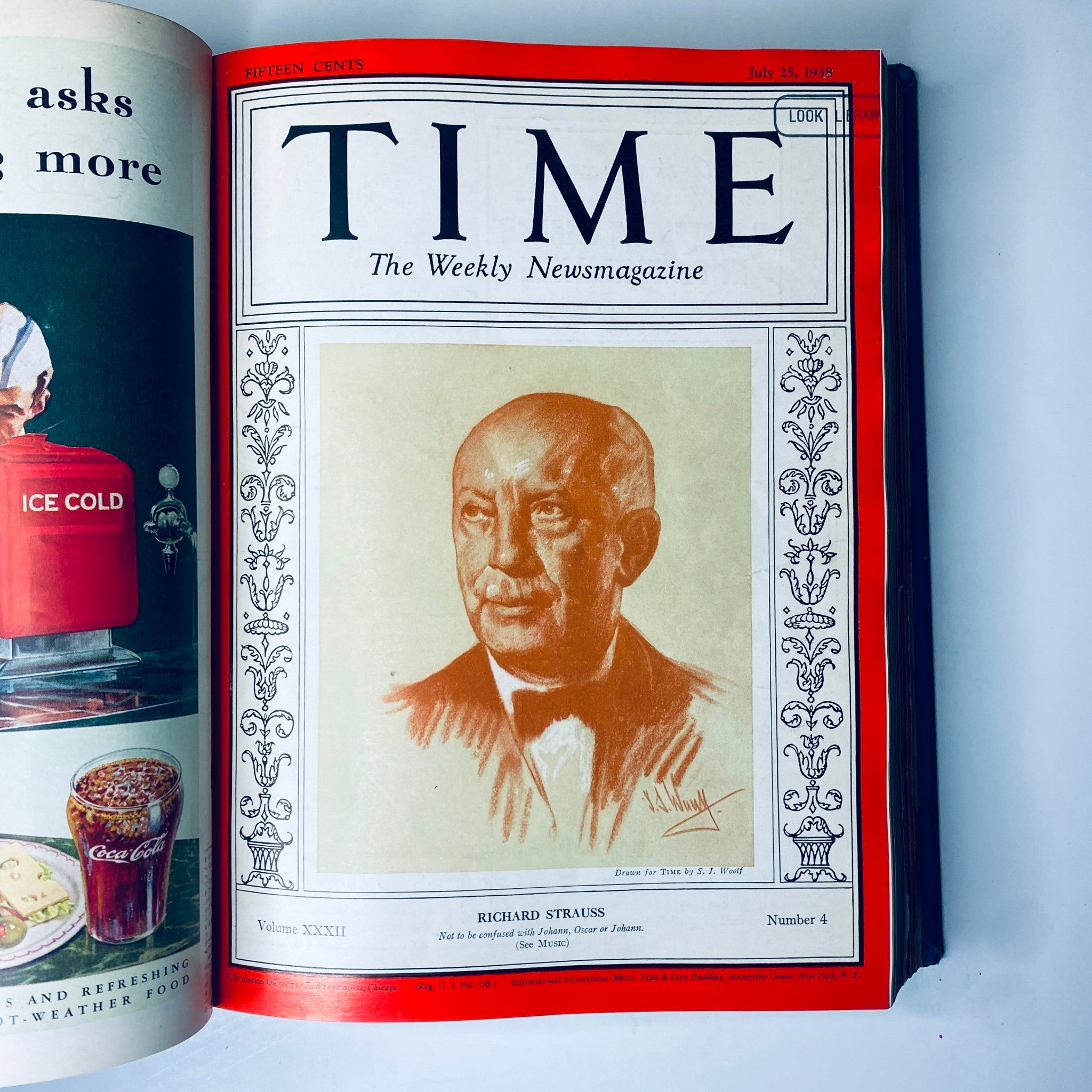 Cover of Time Magazine Library Bound Weekly July 25, 1938 featuring Richard Strauss.
