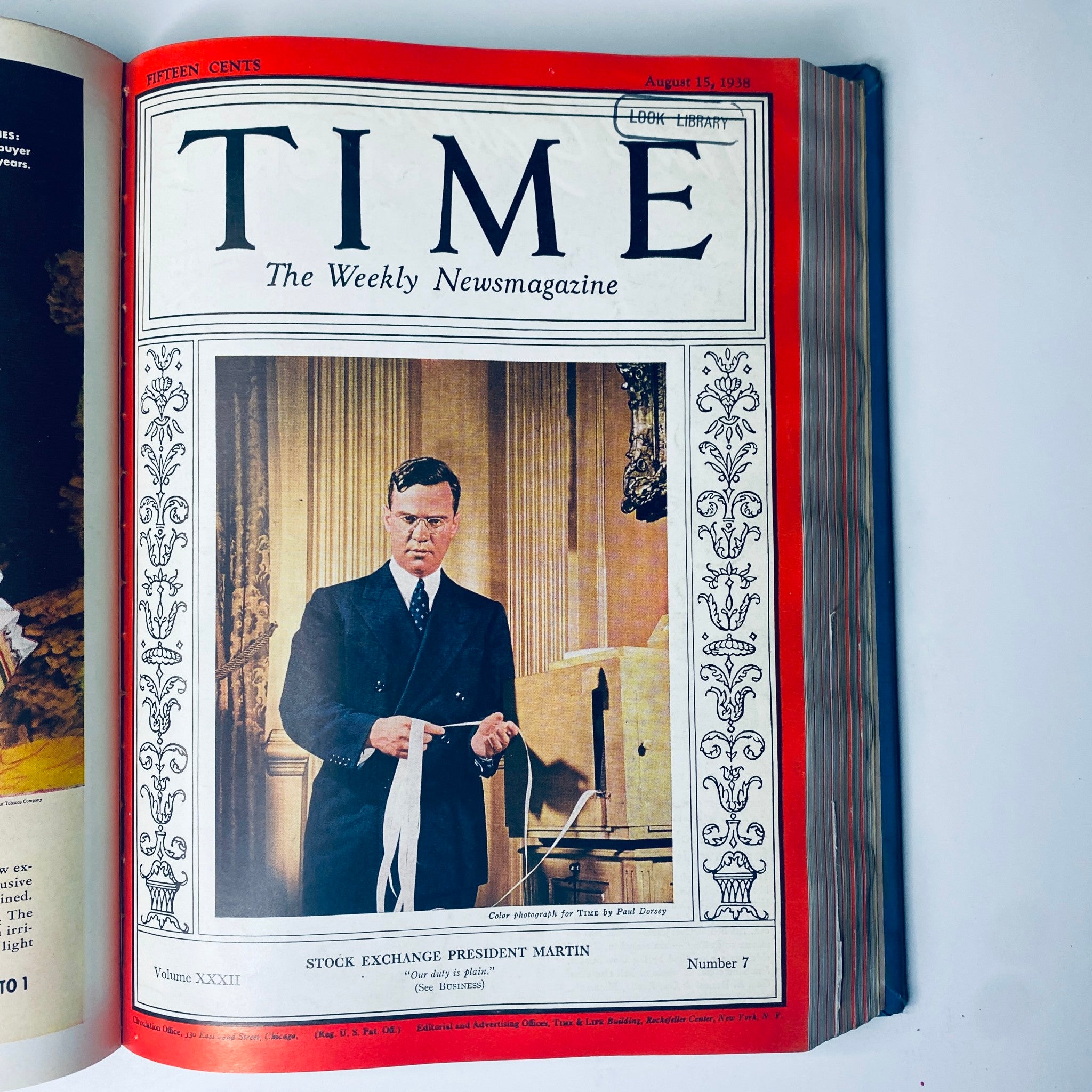 Time Magazine Library Bound Weekly Issue from August 15, 1938 featuring Stock Exchange President Martin on the cover.