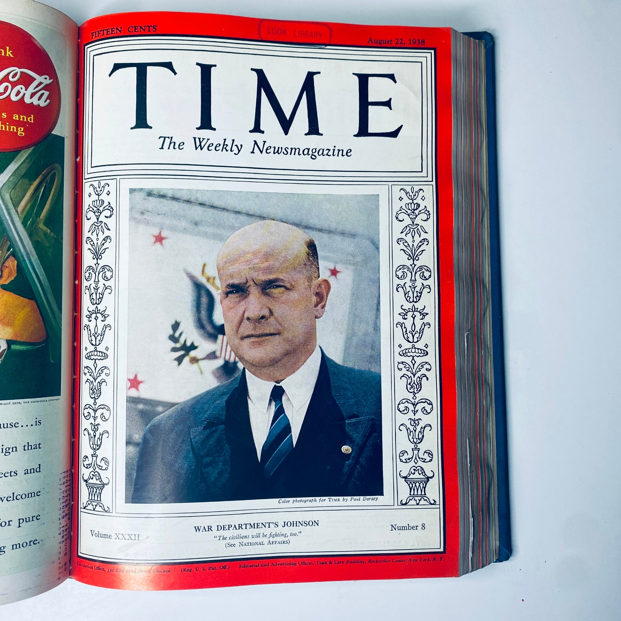 Time Magazine Library Bound Weekly Issue from August 22, 1938 featuring War Department's Louis Johnson on the cover.
