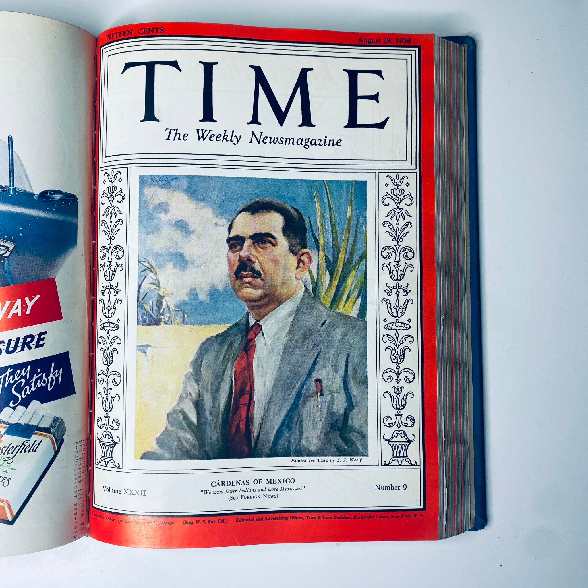 Time Magazine Library Bound Weekly Issue from August 29, 1938 featuring Cárdenas of Mexico on the cover.