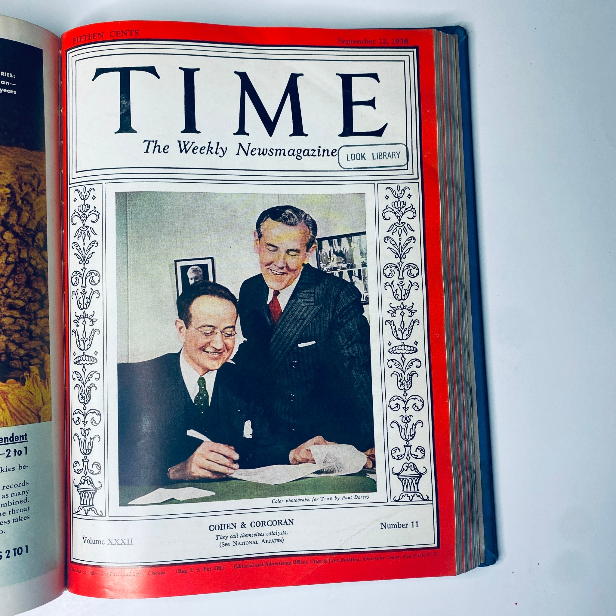 Time Magazine Library Bound Weekly Issue from September 12, 1938 featuring Cohen and Corcoran on the cover.