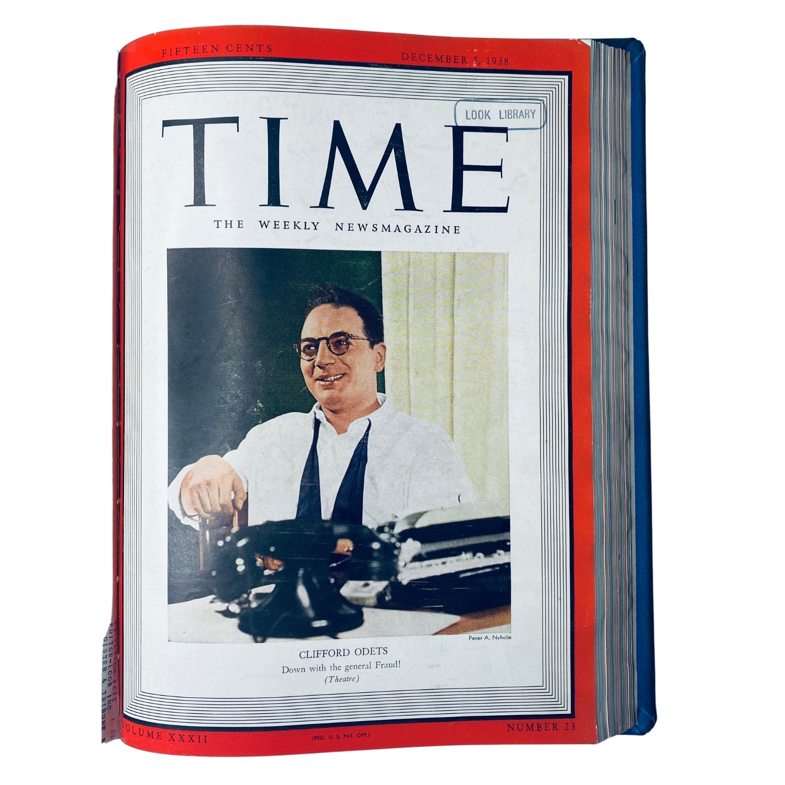 Cover of the Time Magazine Library Bound Weekly, dated December 1938, featuring Clifford Odets, a notable playwright. This edition depicts the historical significance of the period leading up to World War II.