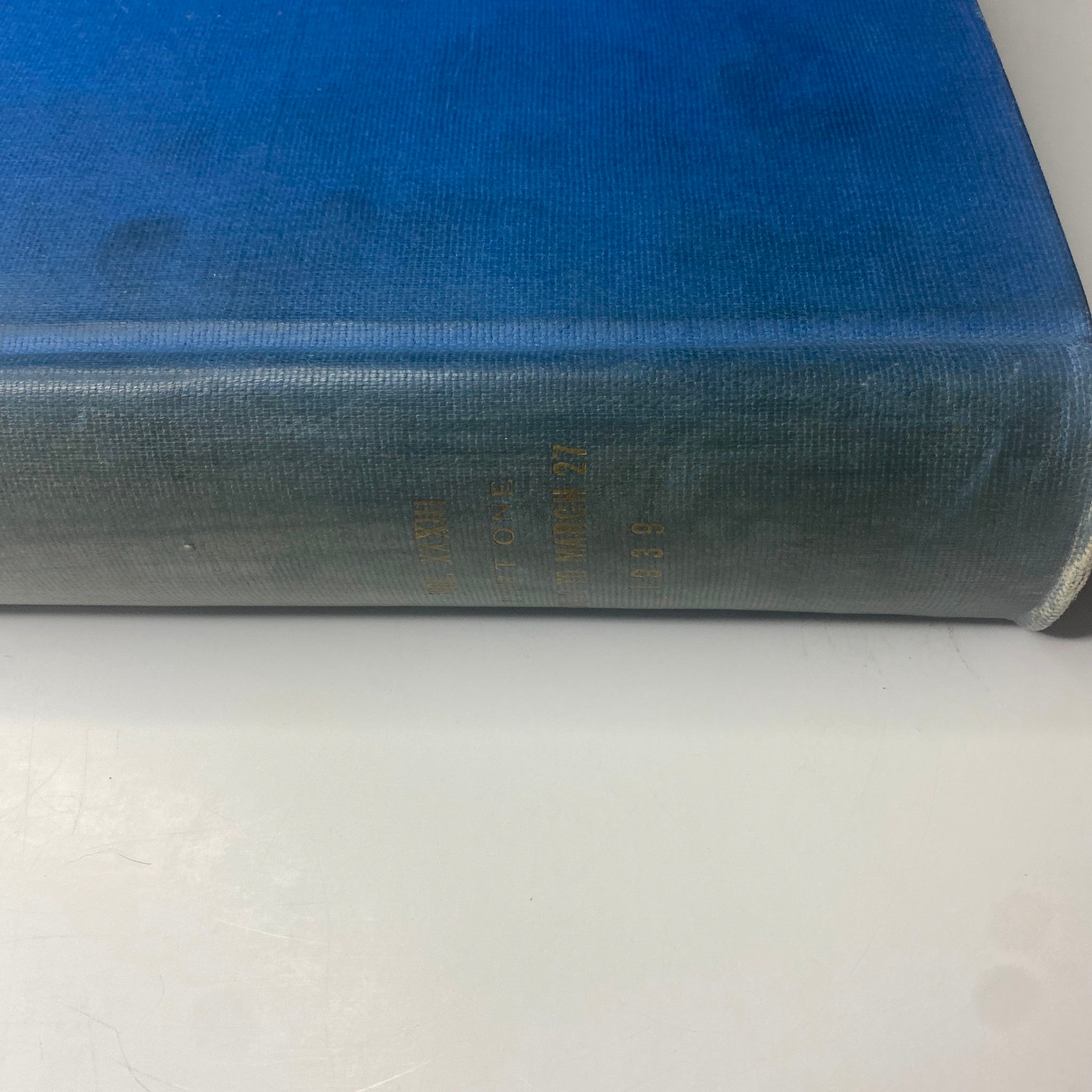 Top-down view of the Time Magazine Library Bound January-March 27, 1939, with an emphasis on the blue cover and gold detailing, illustrating its preservation quality.