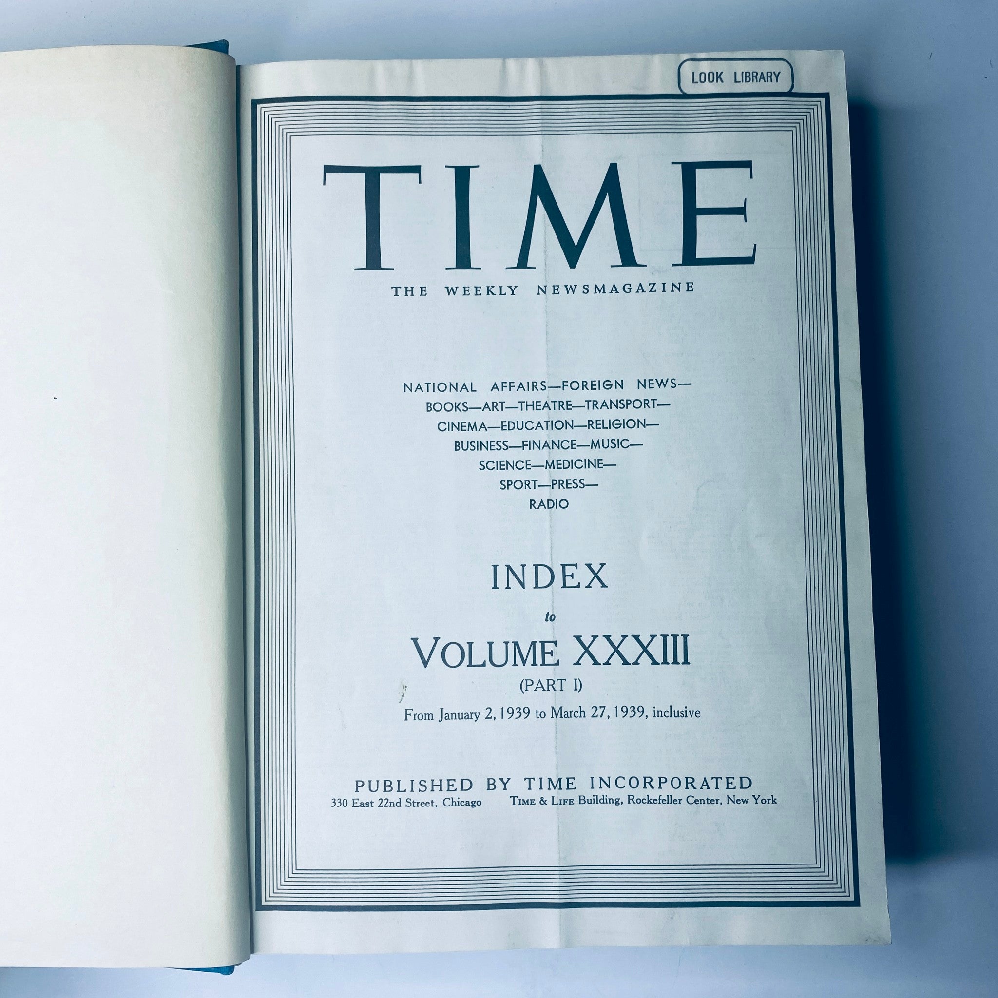 Title page of Time Magazine Library Bound January 2 to March 27, 1939 Adolf Hitler Man of the Year, showing Index to Volume XXXIII.