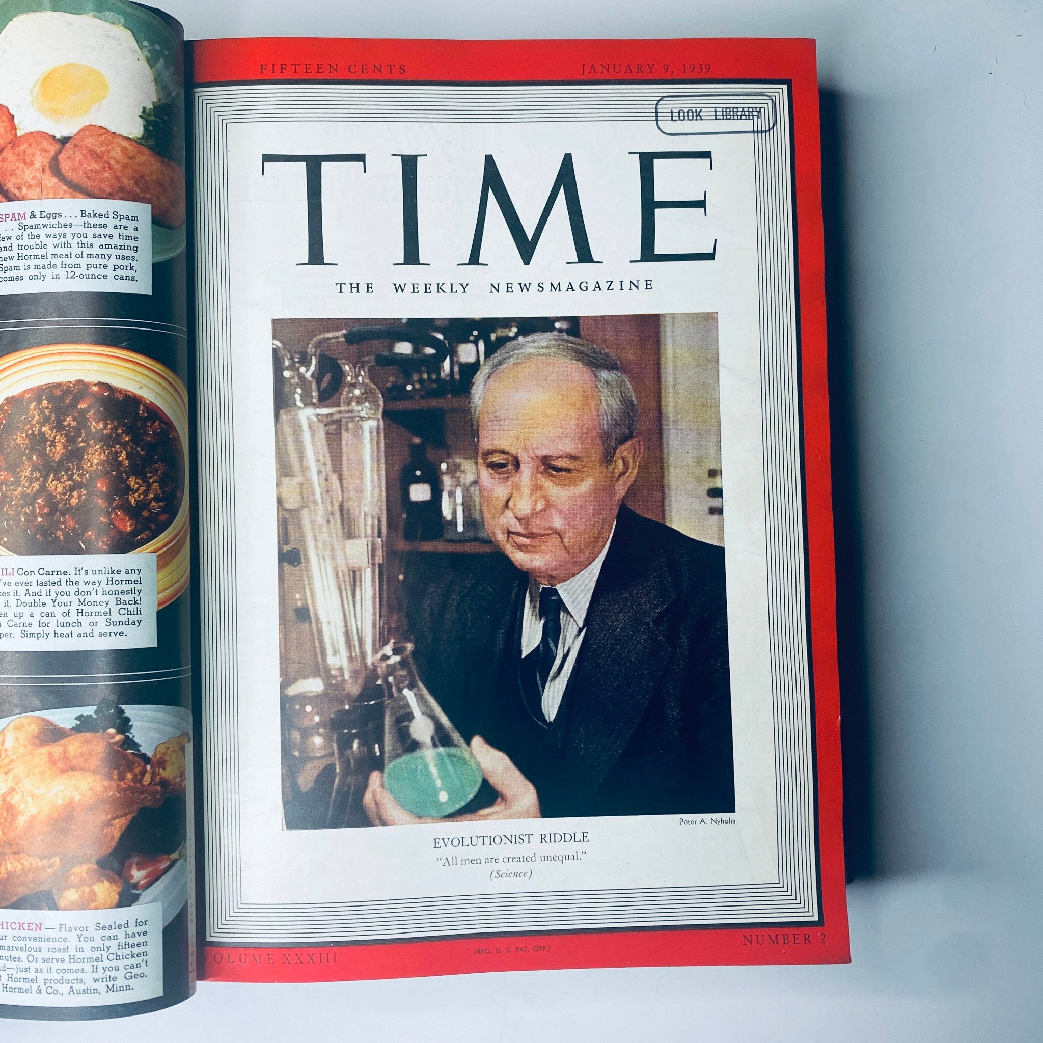 Cover page of Time Magazine dated January 9, 1939, featuring the article 'Evolutionist Riddle' from the Library Bound edition.