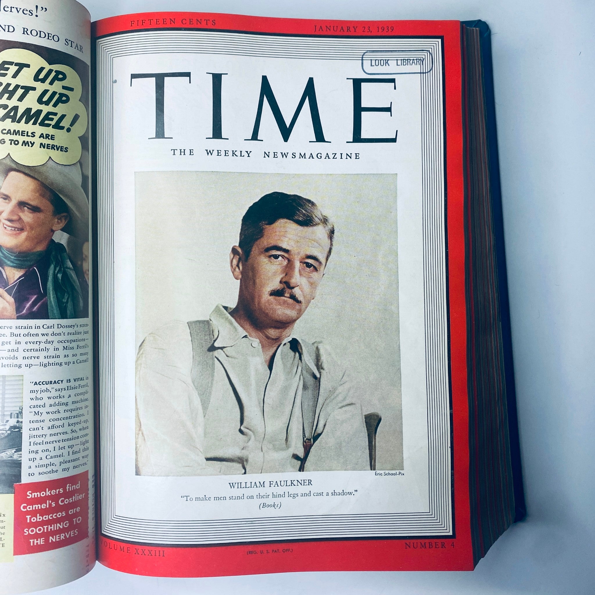 Cover of Time Magazine dated January 23, 1939, showcasing 'William Faulkner' in the Library Bound edition.