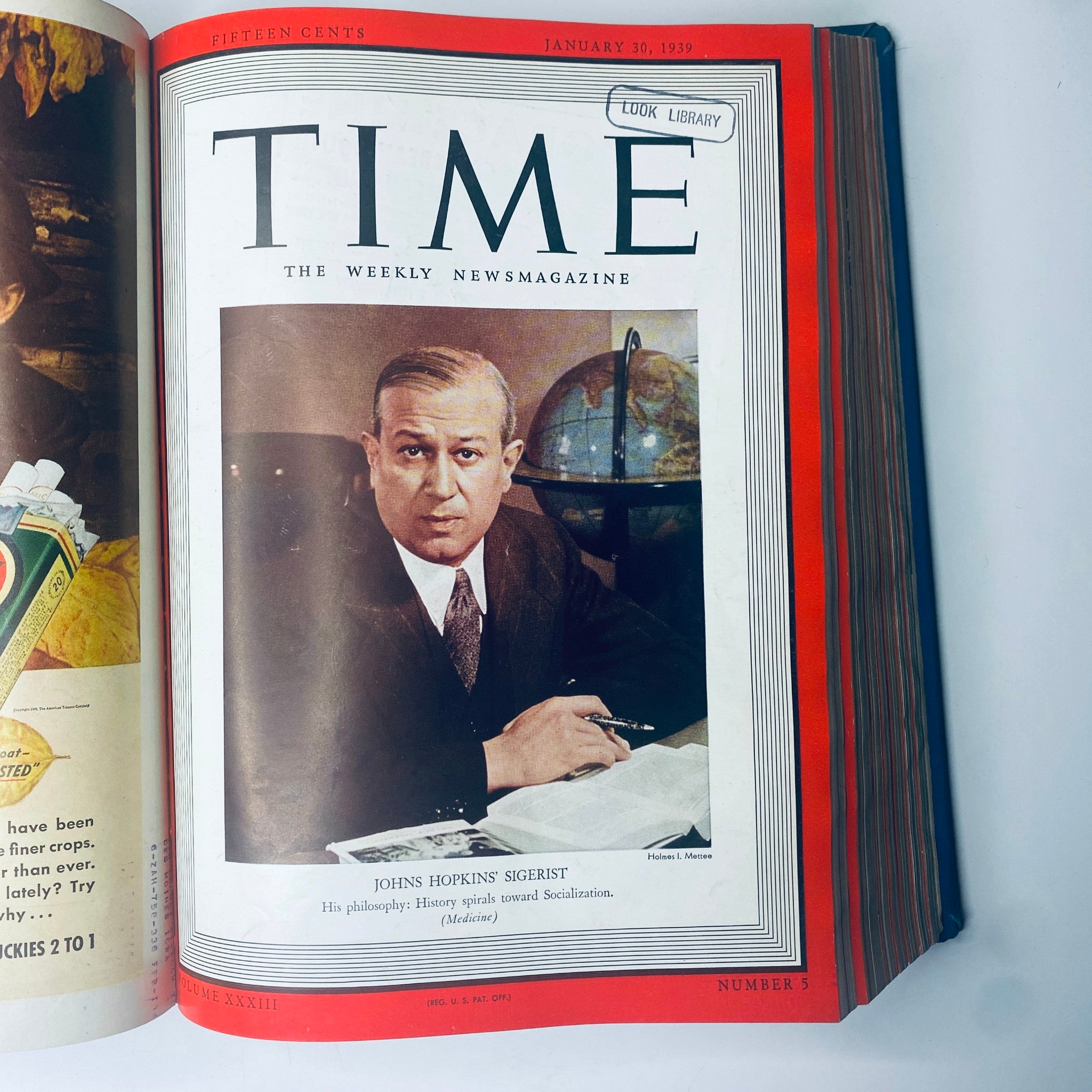 Time Magazine cover featuring Johns Hopkins Sigerist, dated January 30, 1939, highlighting the vision of social medicine in the edition titled 'Time Library Bound January- March 27, 1939 Adolf Hitler Man of the Year.'