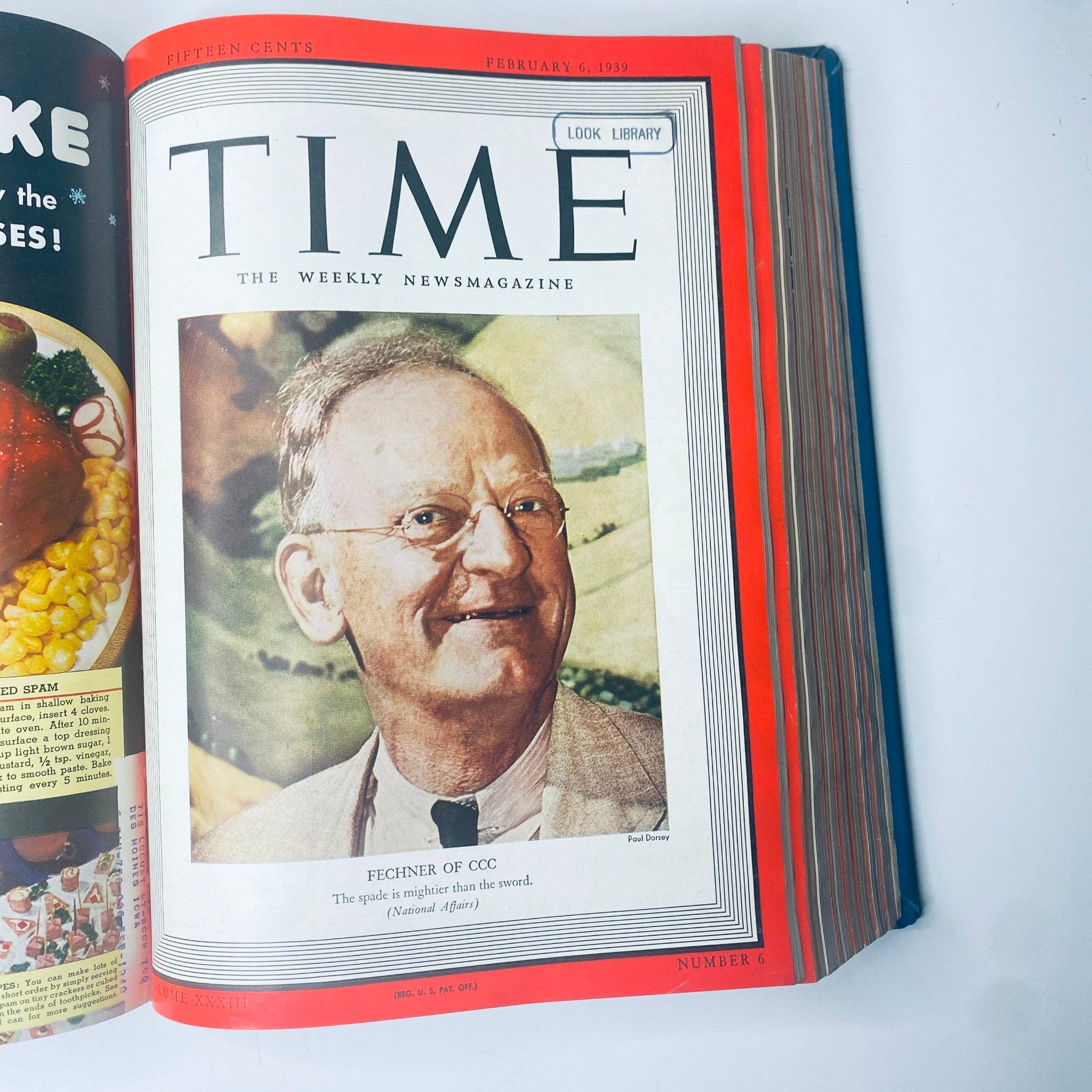 Time Magazine cover featuring Fechner of CCC, dated February 6, 1939, discussing the importance of agriculture, in the edition titled 'Time Library Bound January- March 27, 1939 Adolf Hitler Man of the Year.'