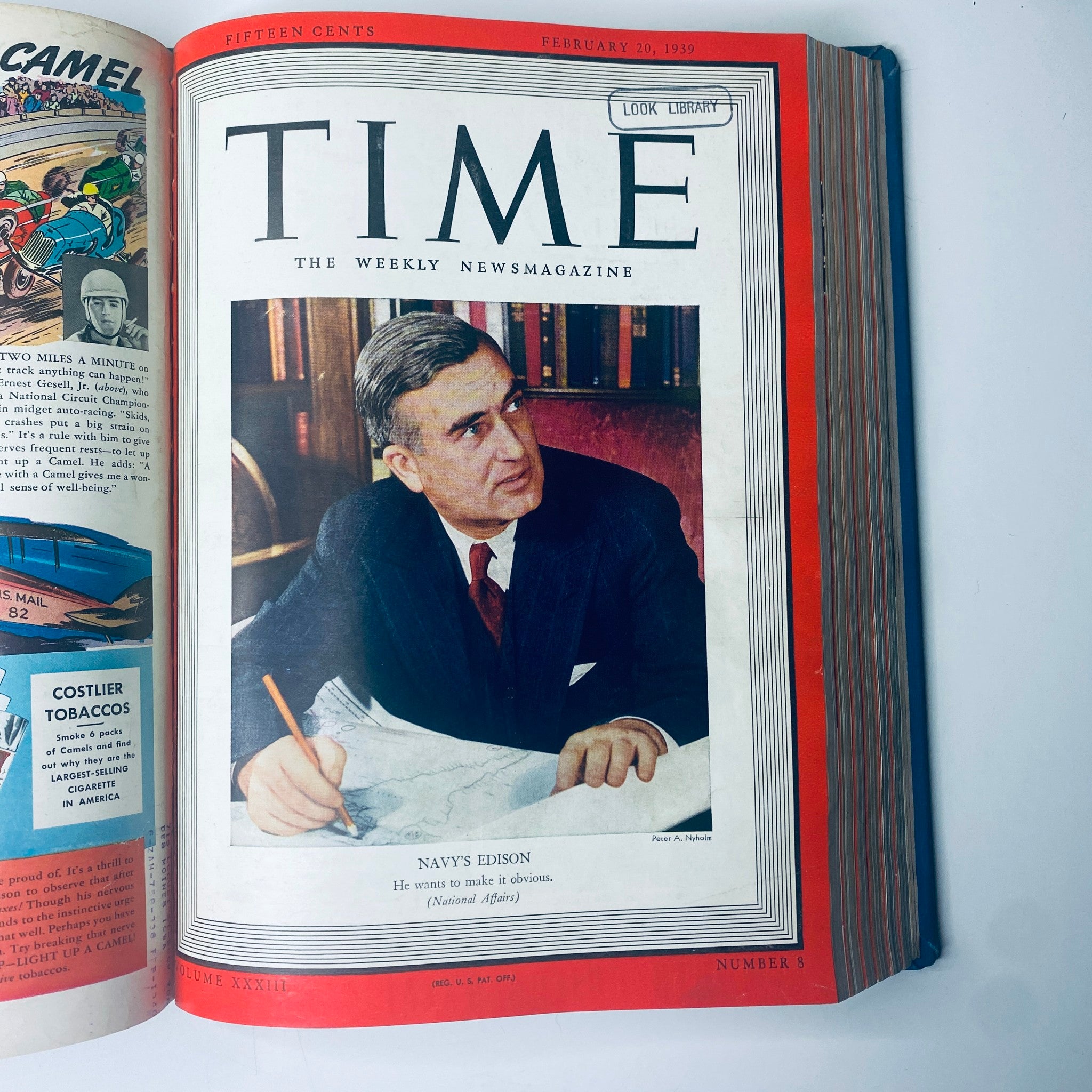 Time Magazine cover featuring Navy's Edison, dated February 20, 1939, discussing innovation in the navy, included in 'Time Library Bound January- March 27, 1939 Adolf Hitler Man of the Year.'