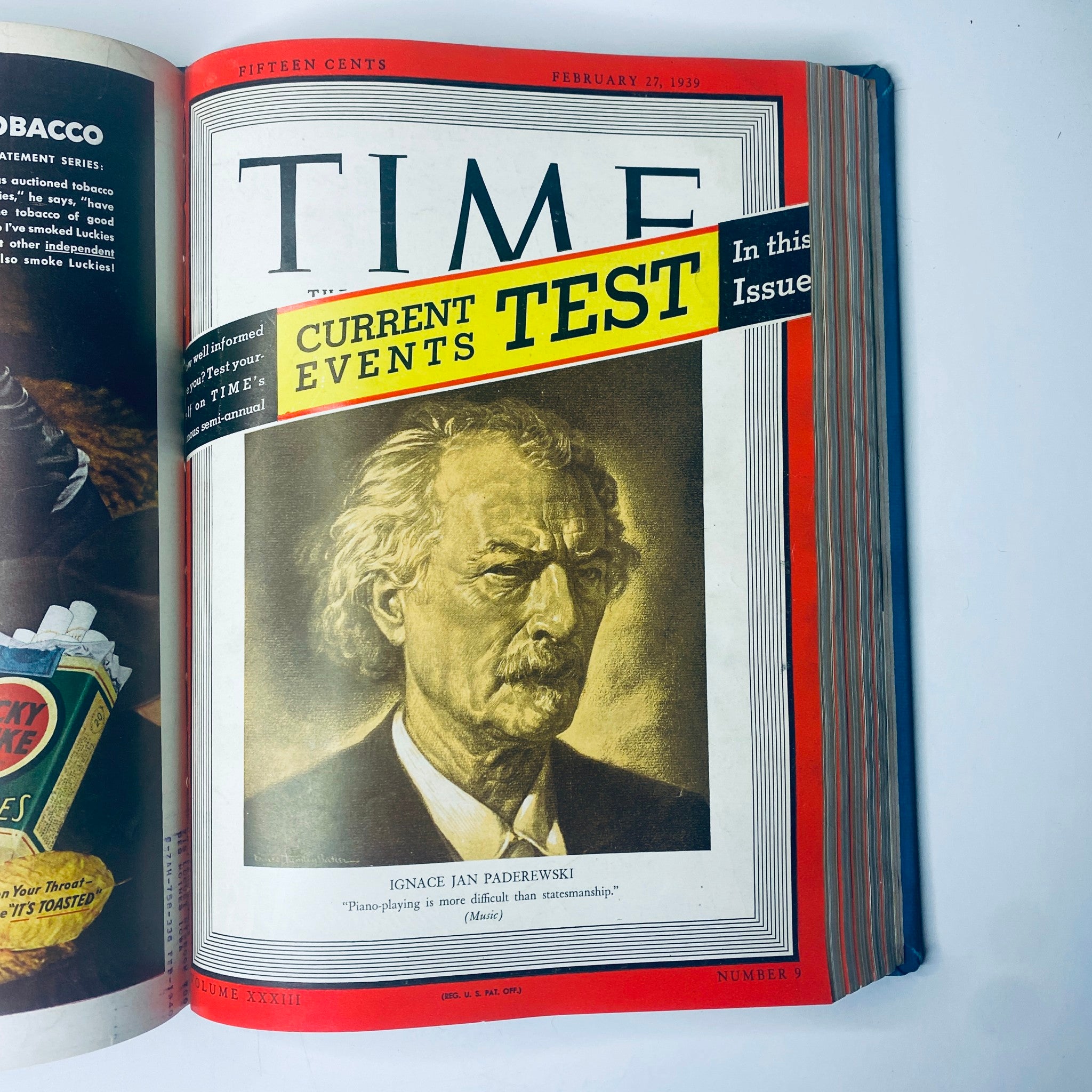 Time Magazine cover featuring Ignace Jan Paderewski, dated February 27, 1939, discussing his musical contributions, as part of 'Time Library Bound January- March 27, 1939 Adolf Hitler Man of the Year.'
