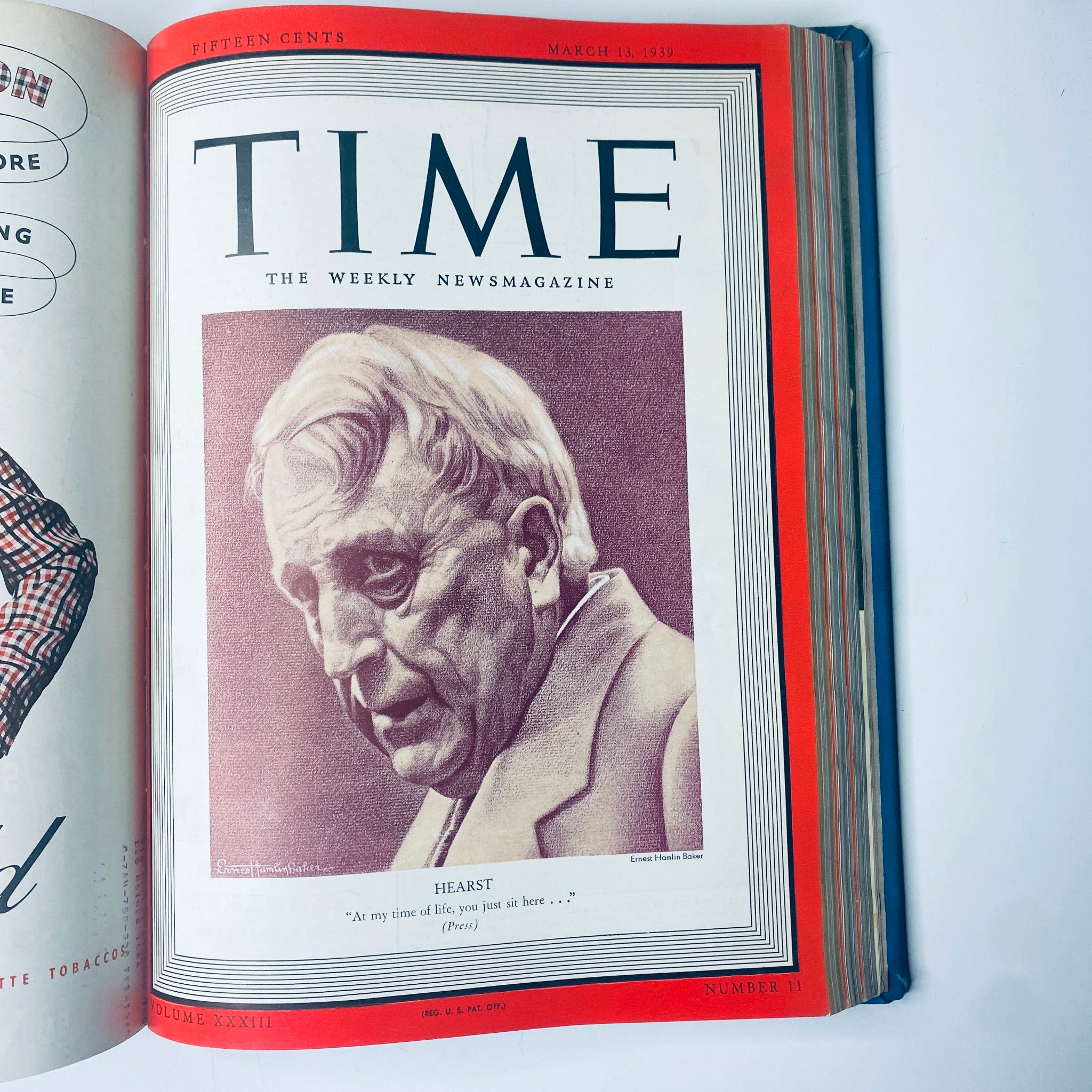 Time Magazine cover from March 13, 1939, showcasing William Randolph Hearst with the title 'Time Library Bound January-March 27, 1939 Adolf Hitler Man of the Year'. Hearst is quoted on his thoughts regarding life.