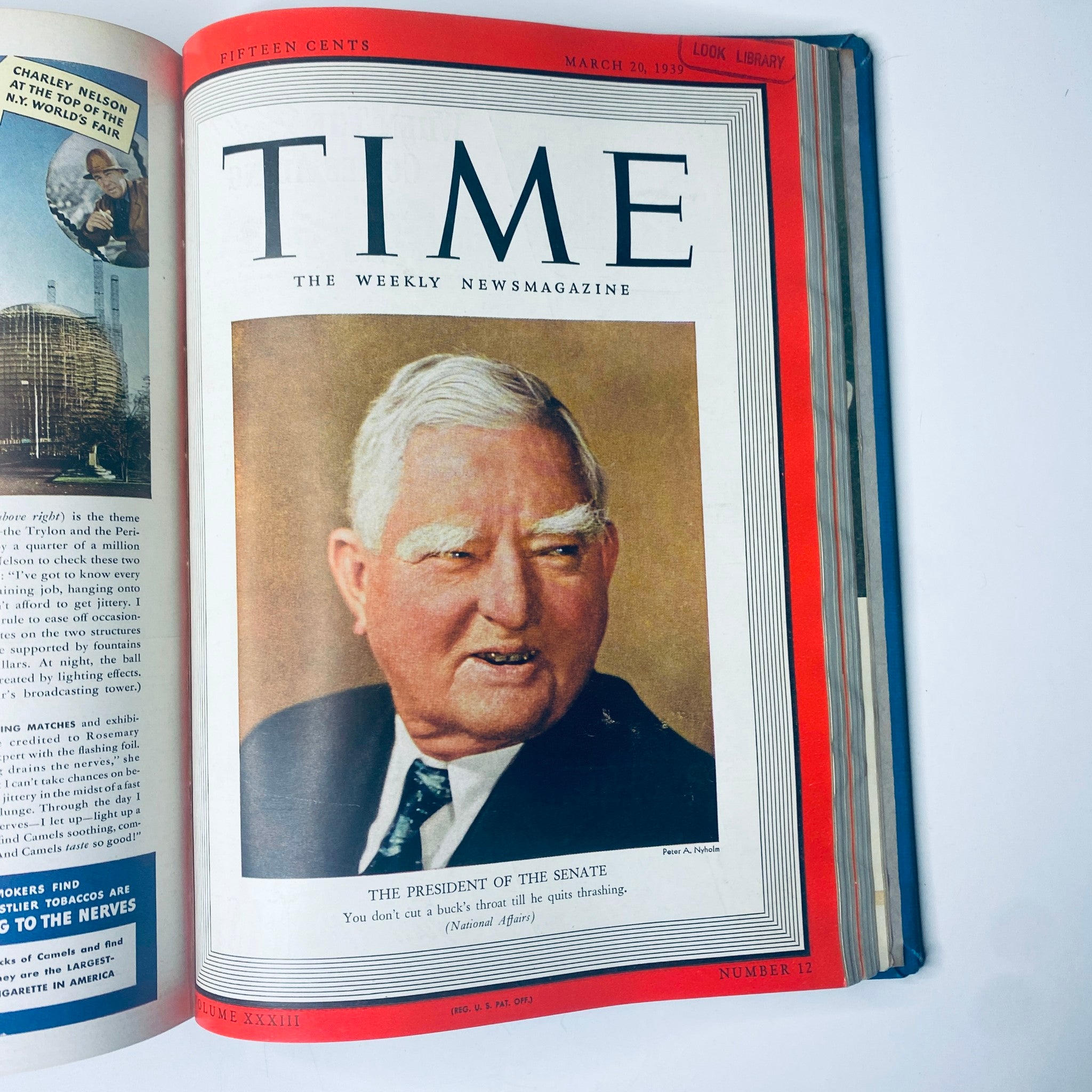 Time Magazine cover from March 20, 1939, presenting the President of the Senate with the title 'Time Library Bound January-March 27, 1939 Adolf Hitler Man of the Year'. The cover features a statement about the topic discussed.