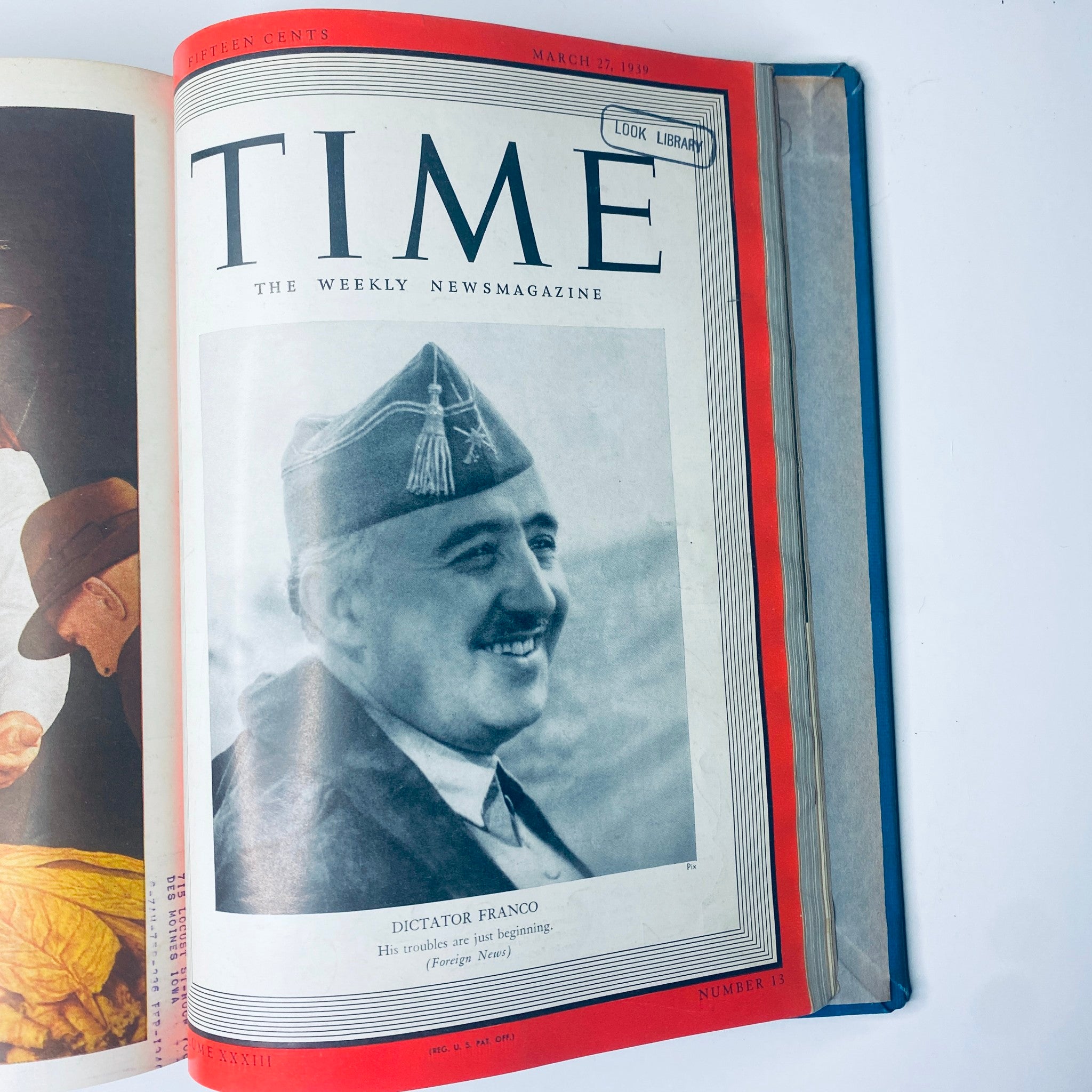 Time Magazine cover from March 27, 1939, featuring Dictator Francisco Franco with the title 'Time Library Bound January-March 27, 1939 Adolf Hitler Man of the Year'. The cover reflects on Franco's political climate.