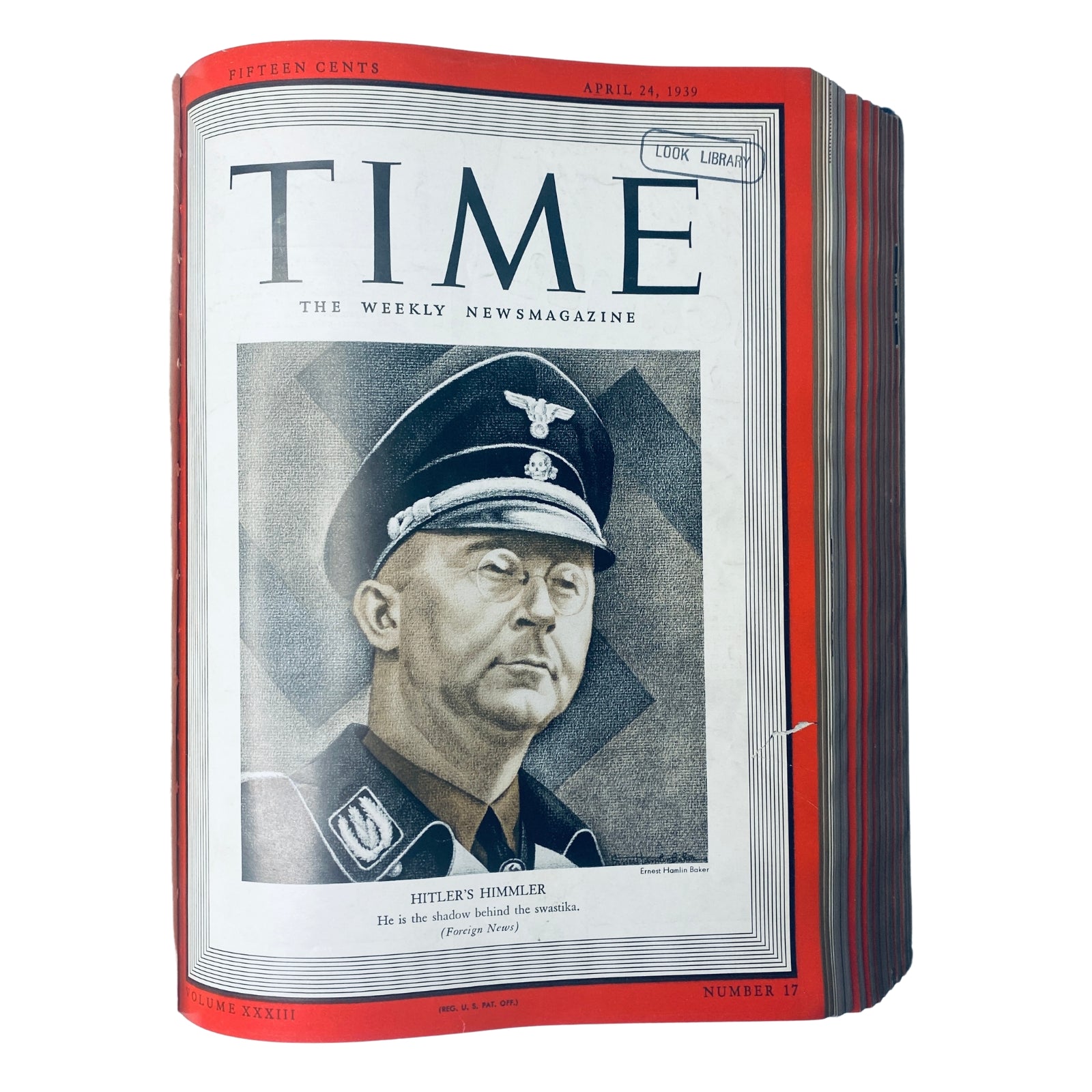 Cover of Time Magazine Library Bound April 24, 1939, featuring Hitler’s Heinrich Himmler, showcasing a historical portrayal of Himmler with a description that he is 'the shadow behind the swastika'.