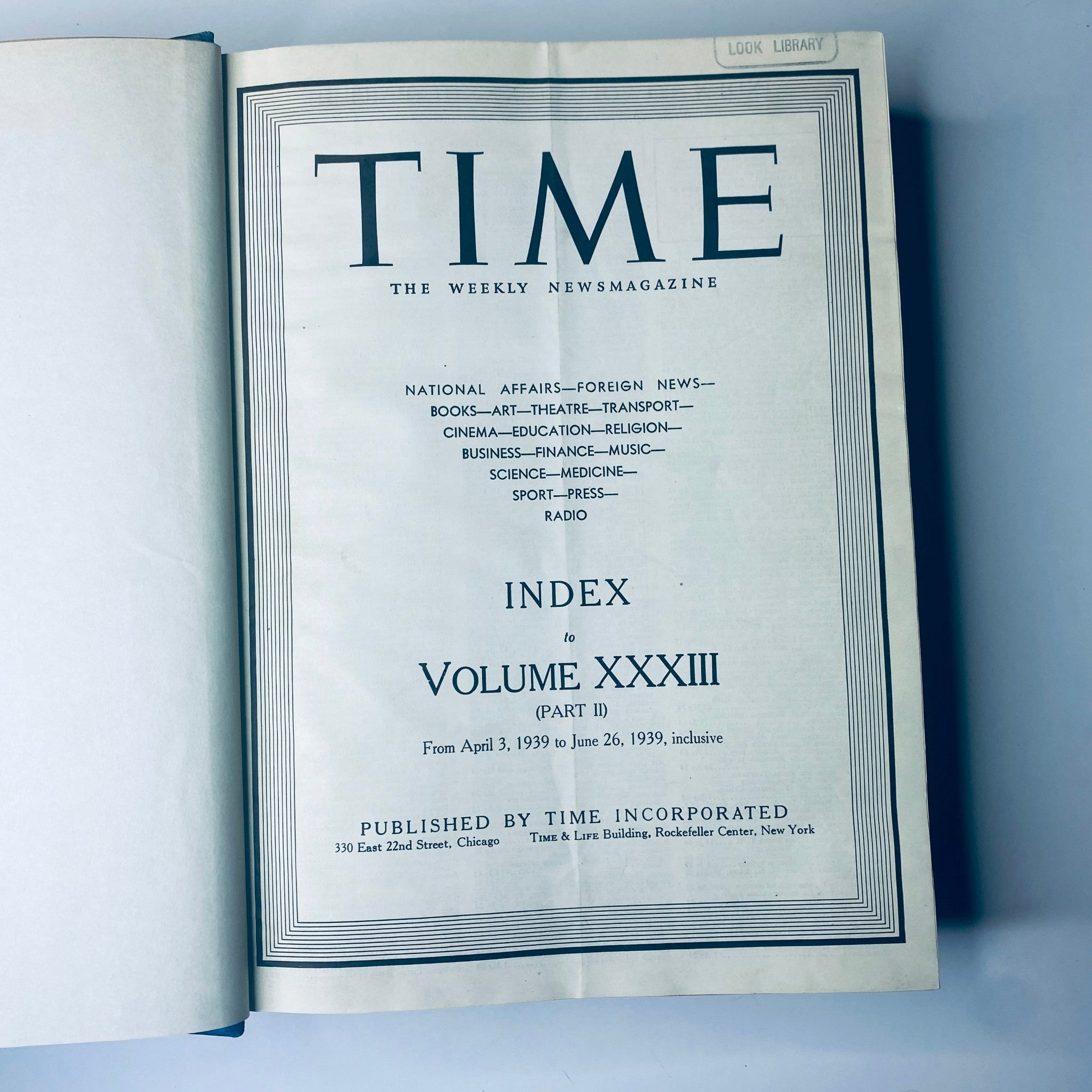 Index page of the library bound volume of Time Magazine titled 'Time Magazine Library Bound April-June 26, 1939 Hitler’s Heinrich Himmler', detailing the index of Volume XXXIII.
