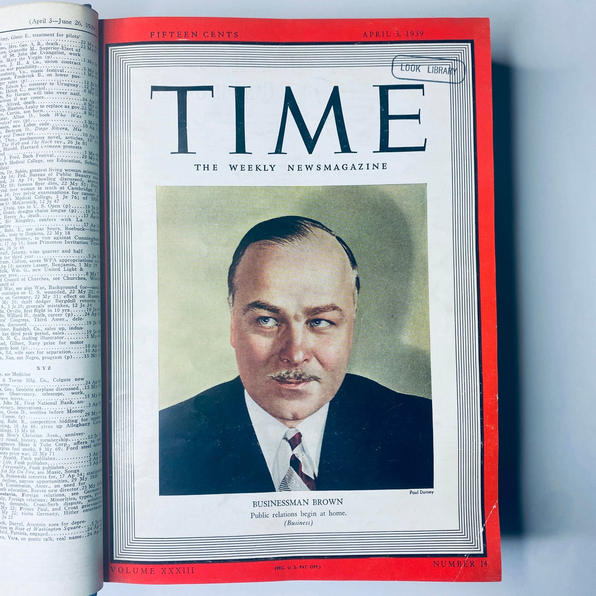 Time Magazine cover from April 3, 1939 featuring businessman Brown, titled 'Time Magazine Library Bound April- June 26, 1939 Hitler’s Heinrich Himmler'. The cover showcases color portrait with text indicating public relations origins.