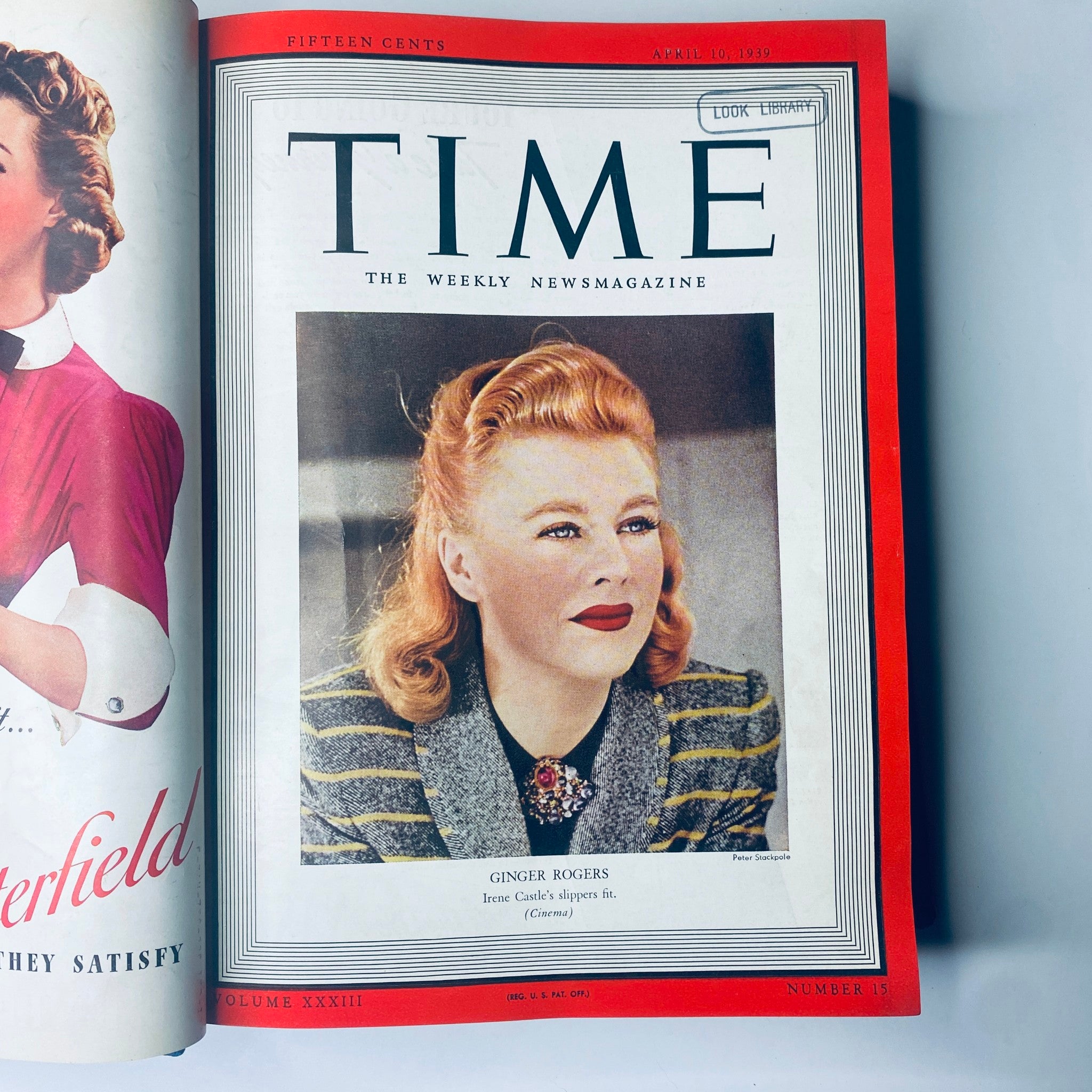 Time Magazine cover from April 10, 1939 featuring Ginger Rogers, titled 'Time Magazine Library Bound April- June 26, 1939 Hitler’s Heinrich Himmler'. The image displays a glamorous portrait with insights into cinema.