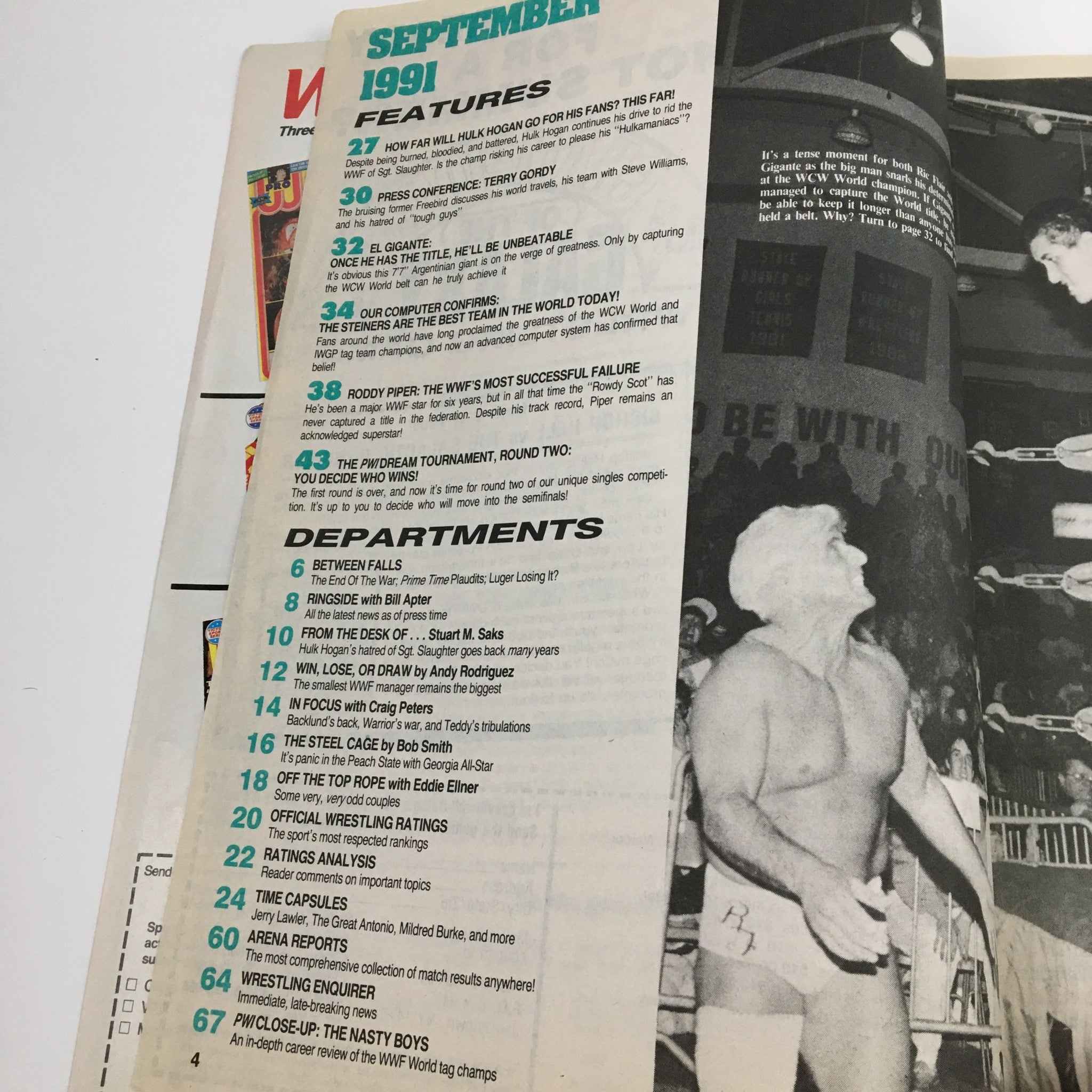 Inside page of Pro Wrestling Illustrated September 1991 showing magazine features and departments, including articles on wrestling stars and events.