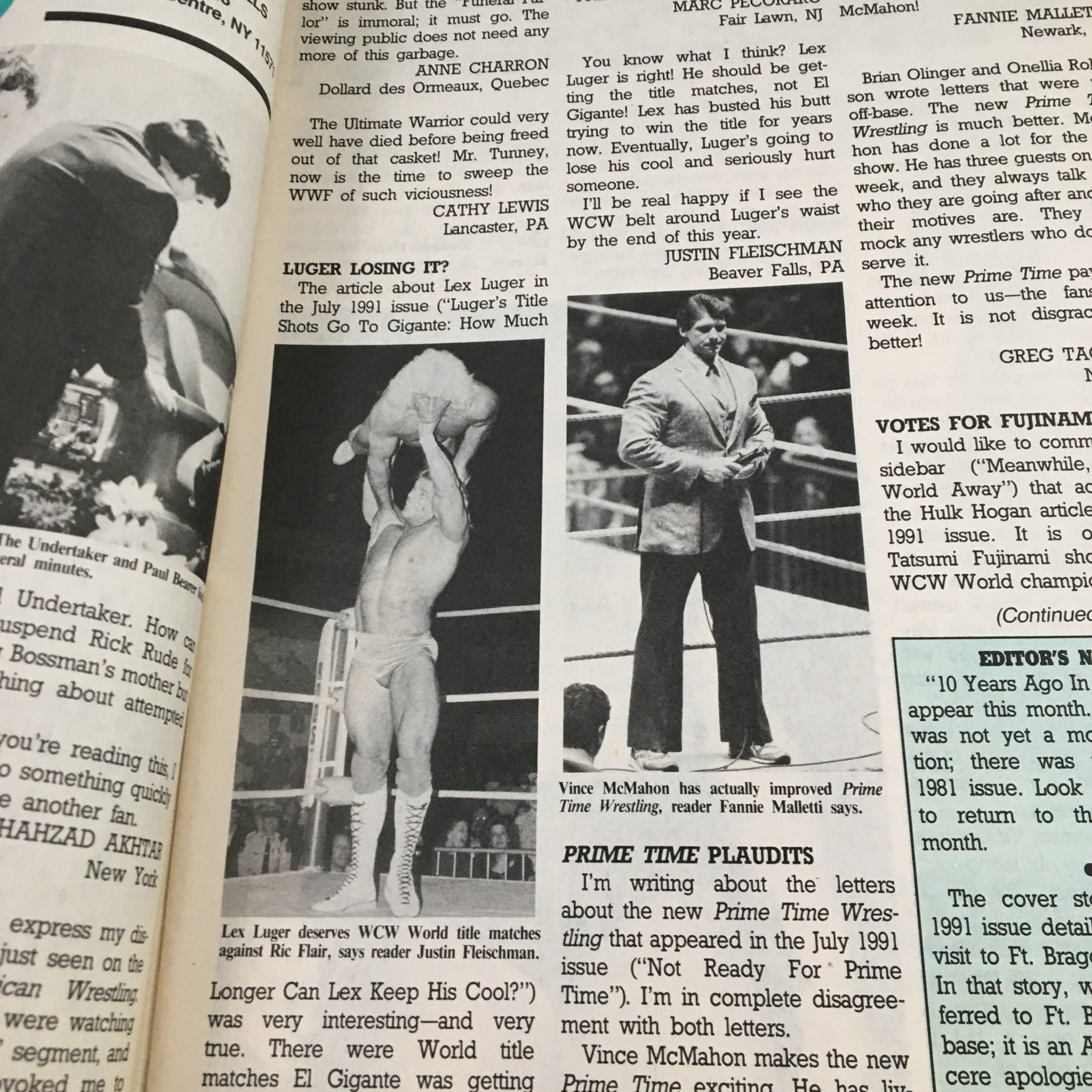 Pro Wrestling Illustrated September 1991 featuring Lex Luger lifting an opponent and Vince McMahon discussing wrestling events.