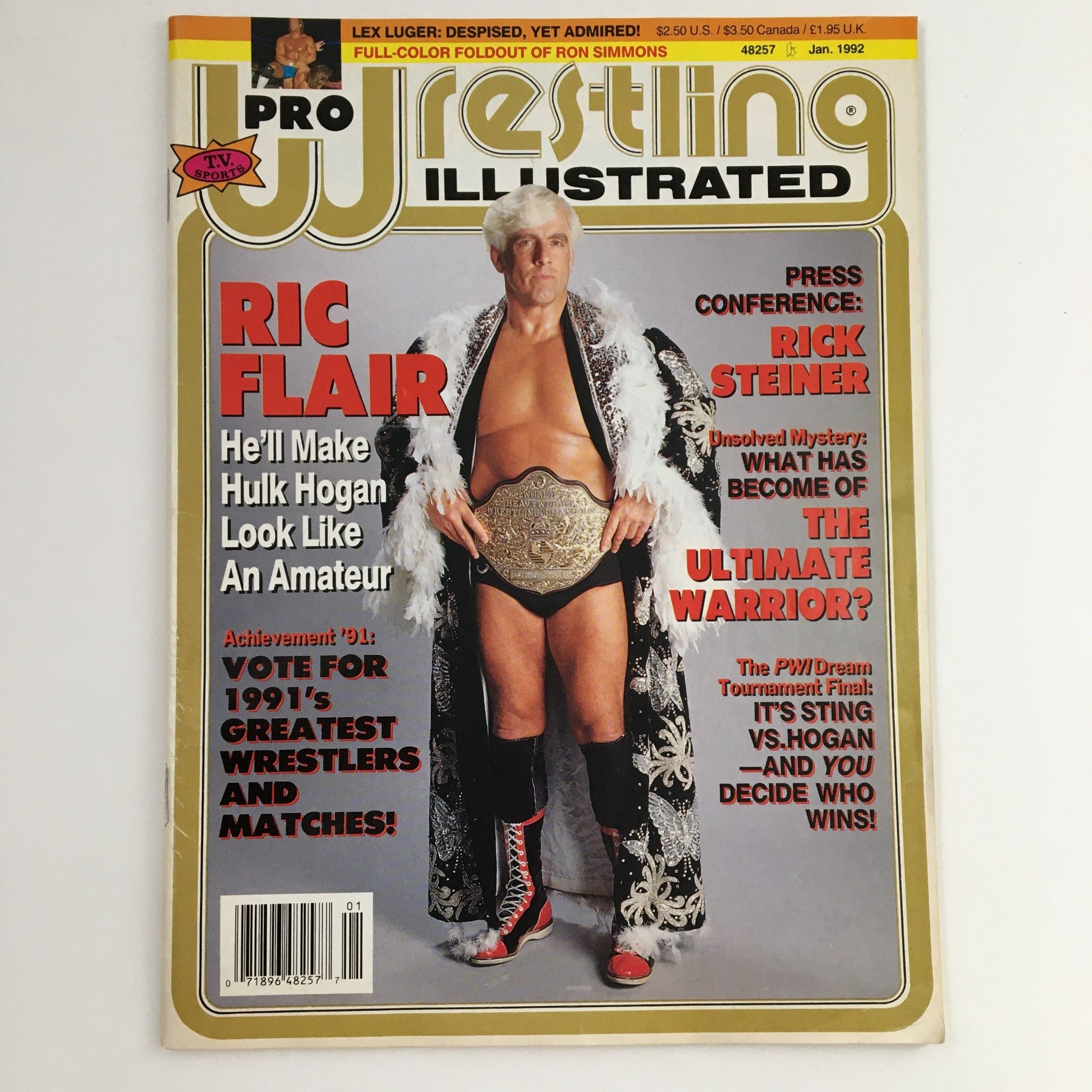 Cover of Pro Wrestling Illustrated January 1992 featuring Ric Flair in a championship outfit, with the title 'He'll Make Hulk Hogan Look Like An Amateur'.