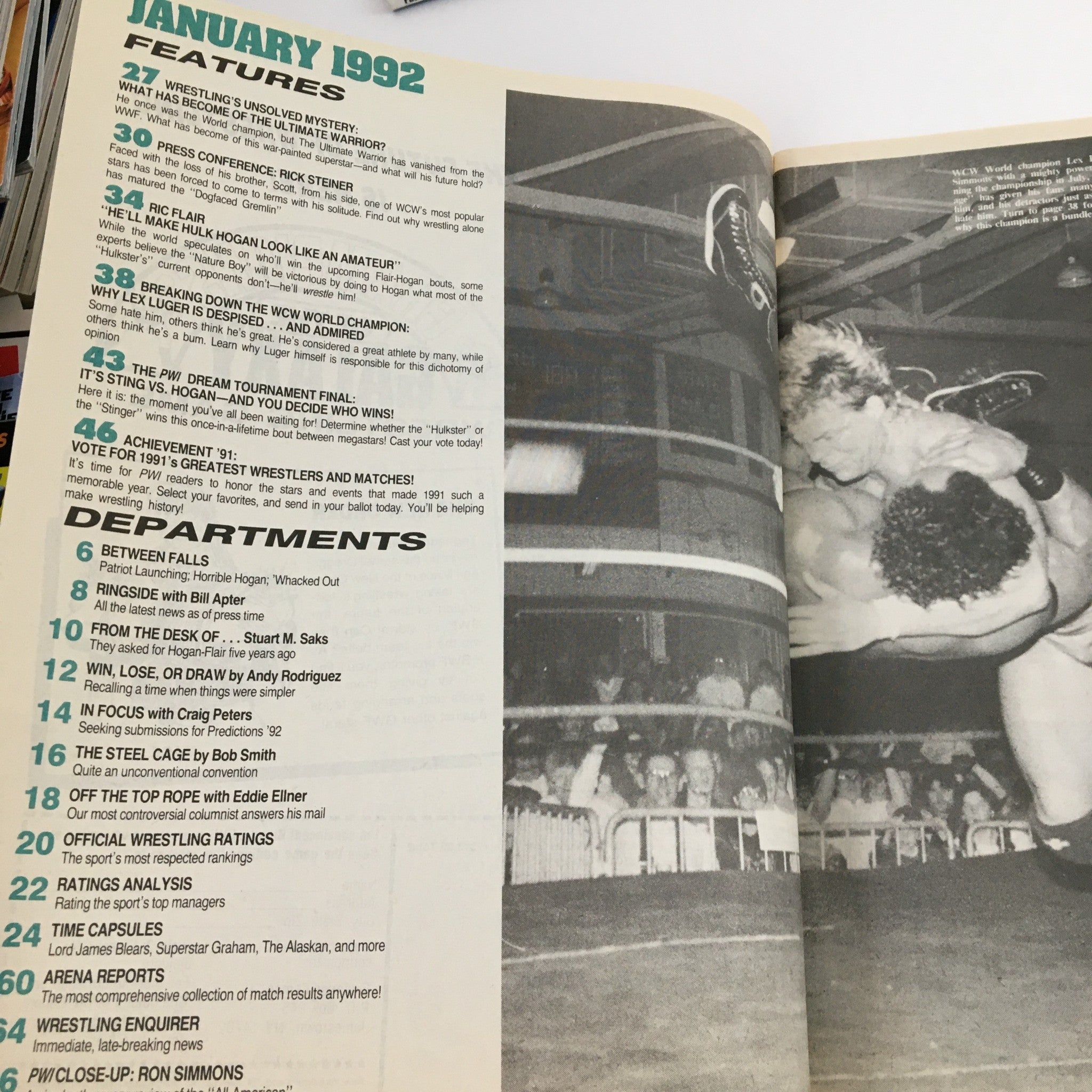Inside page of Pro Wrestling Illustrated January 1992 displaying features and departments, highlighting wrestling topics with a graphic layout.