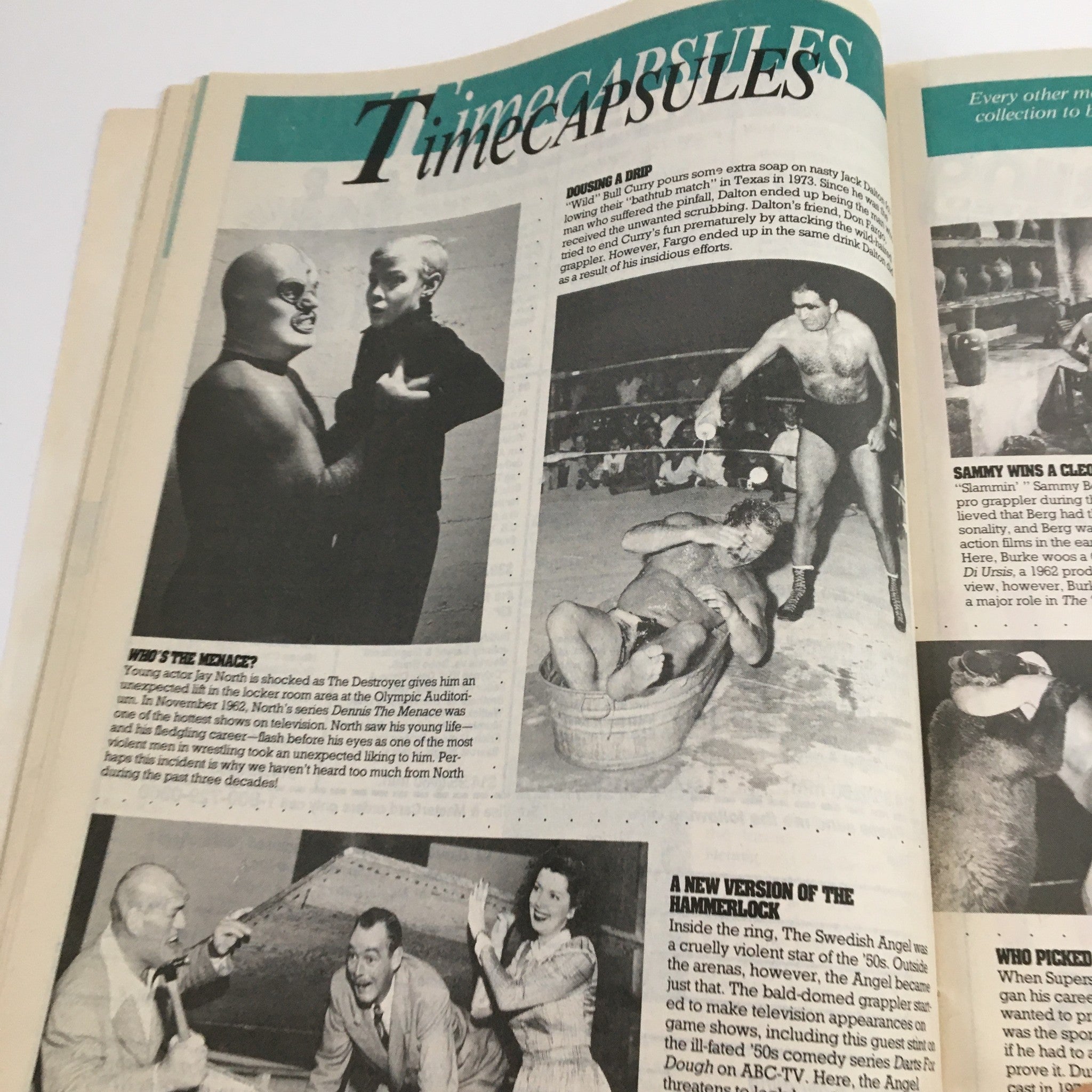 Time Capsules section from Pro Wrestling Illustrated January 1992, featuring images and stories related to classic wrestling moments and personalities.