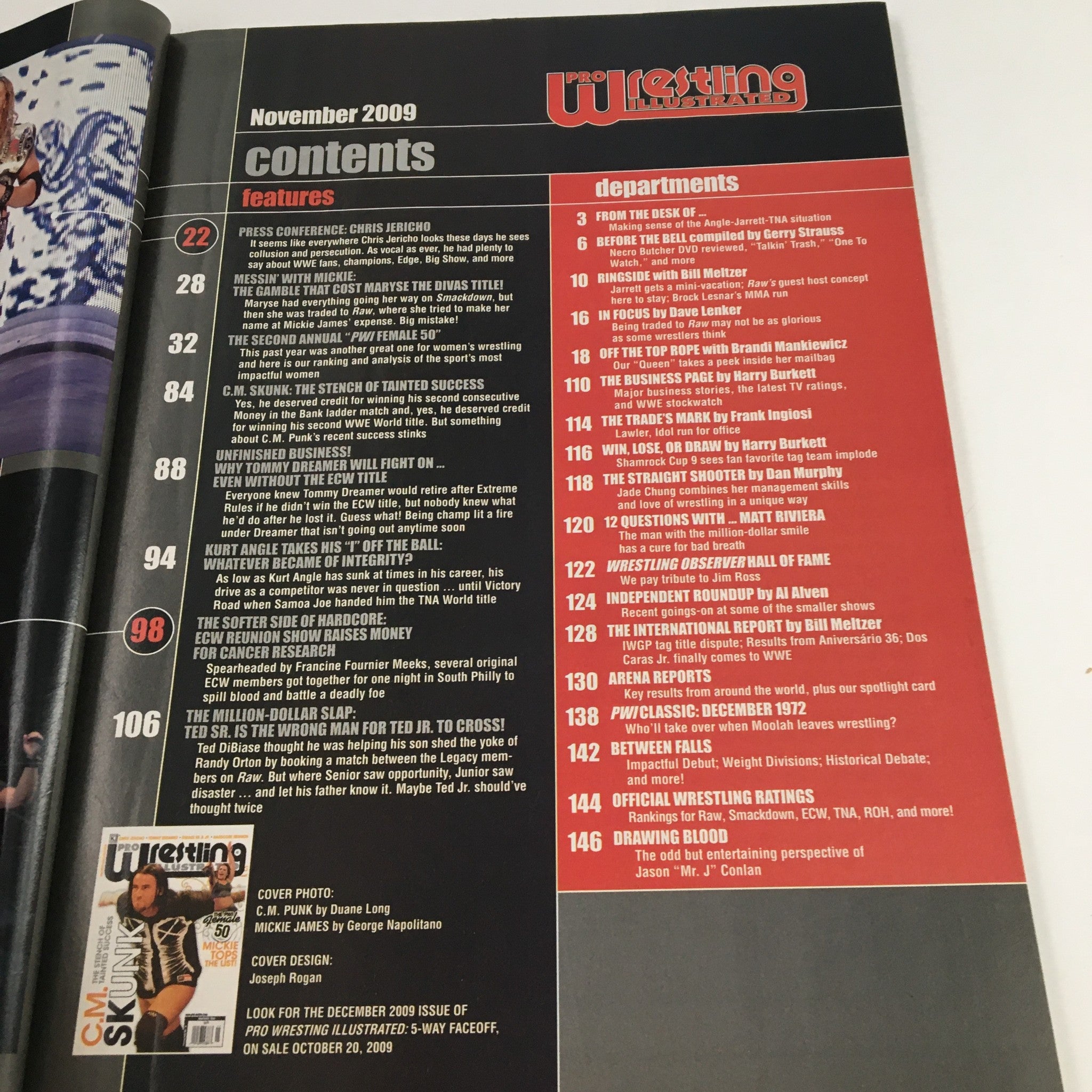 Pro Wrestling Illustrated November 2009 magazine contents page featuring articles and features on wrestling legends C.M. Skunk and Mickie James.