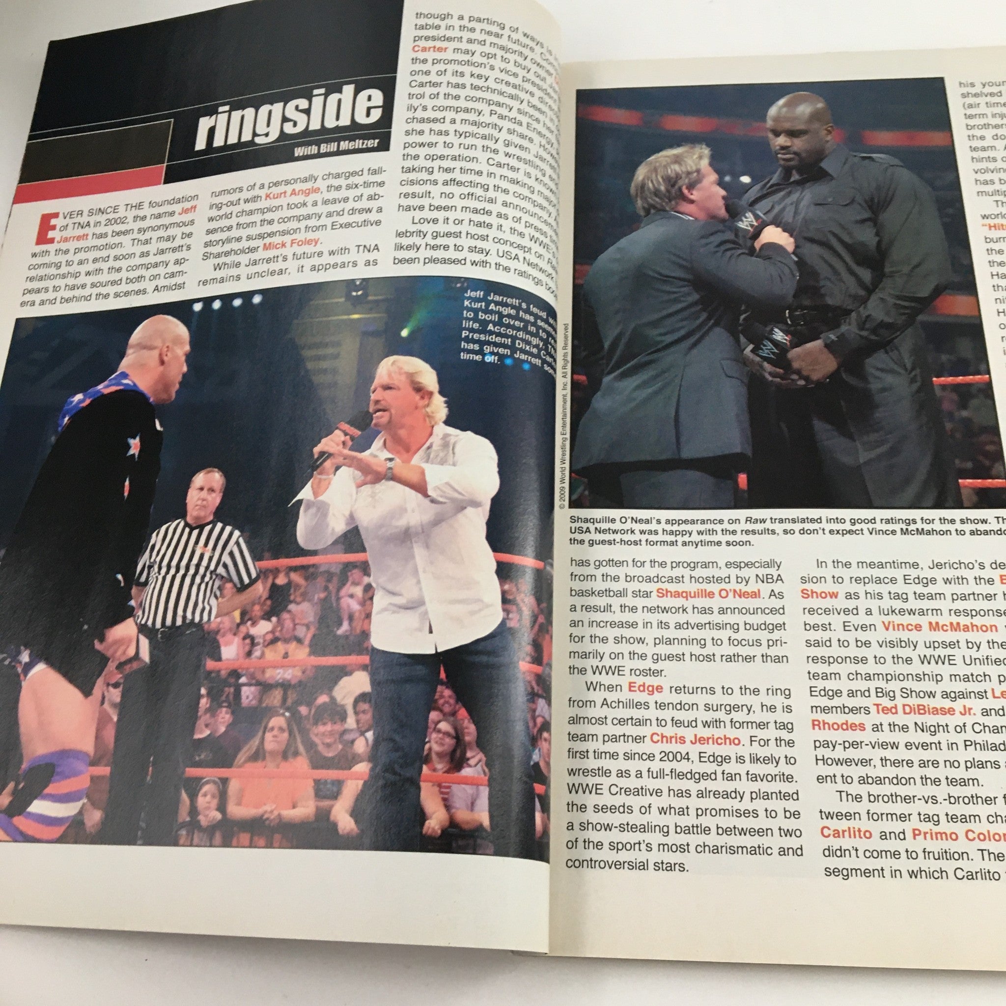 Pro Wrestling Illustrated November 2009 article titled Ringside with Rob Myster facing off against Shaquille O'Neal, highlighting wrestling entertainment.