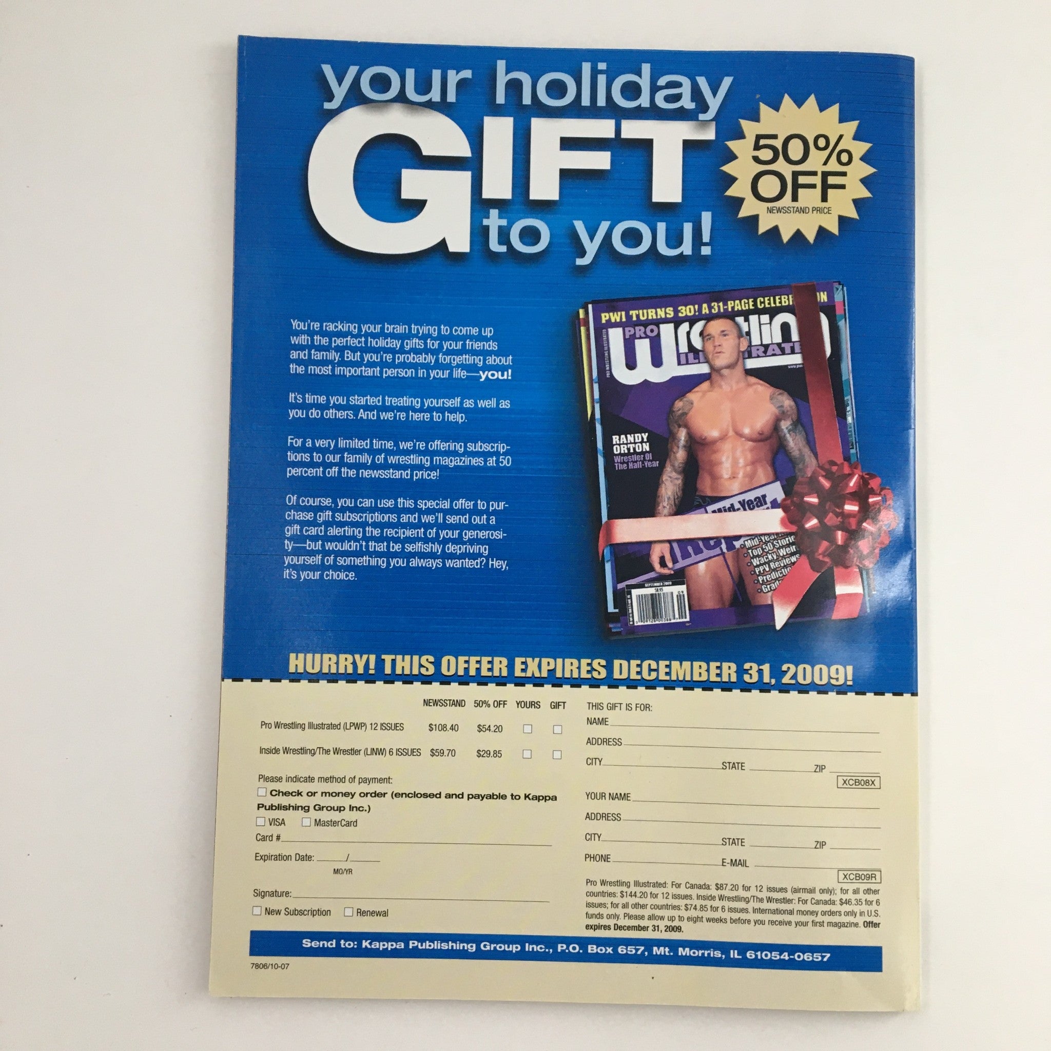 Back cover of Pro Wrestling Illustrated November 2009 offering a holiday subscription deal for wrestling fans, featuring a discount promotion.