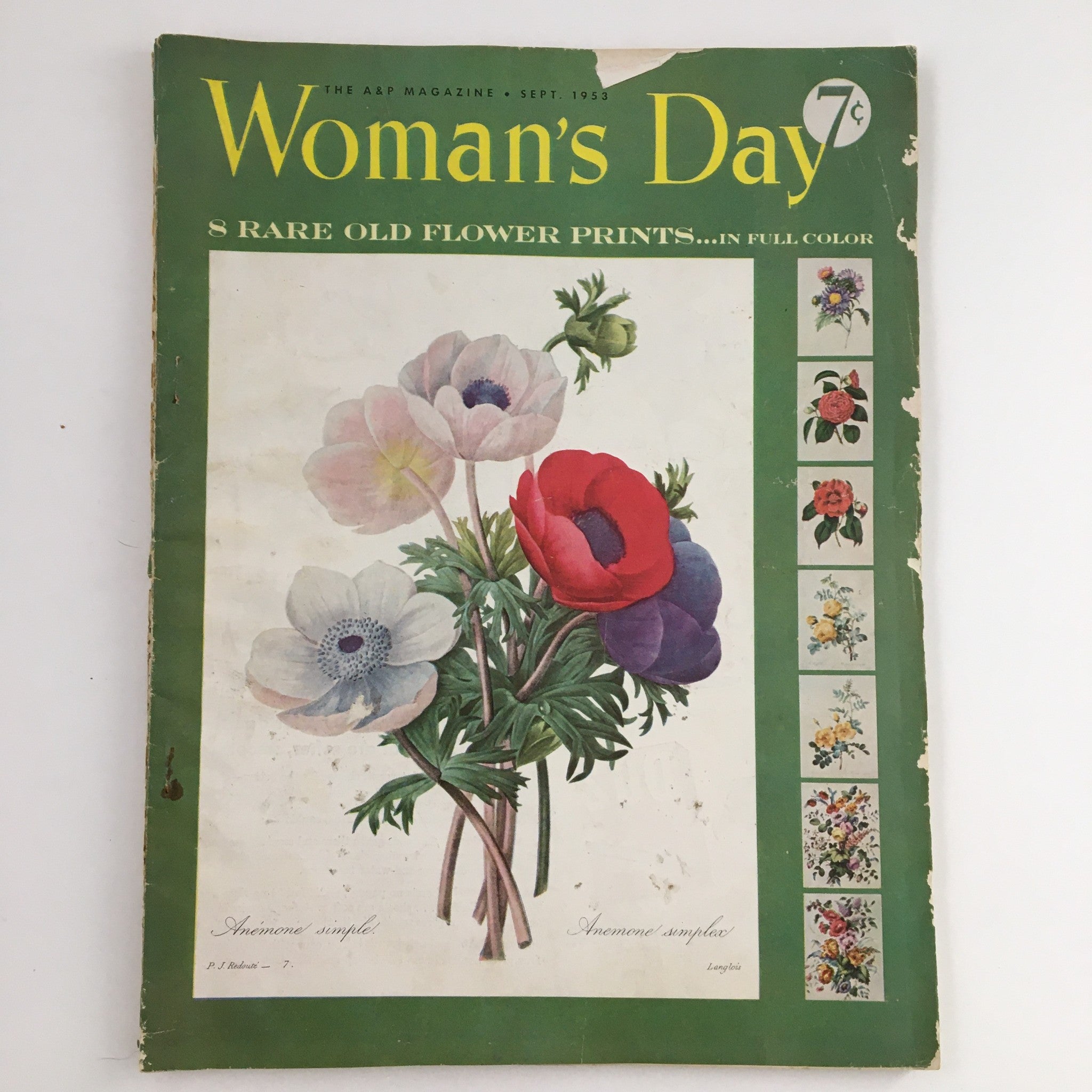 Woman's Day Magazine September 1953 8 Rare Old Flower Prints in Color, No Label