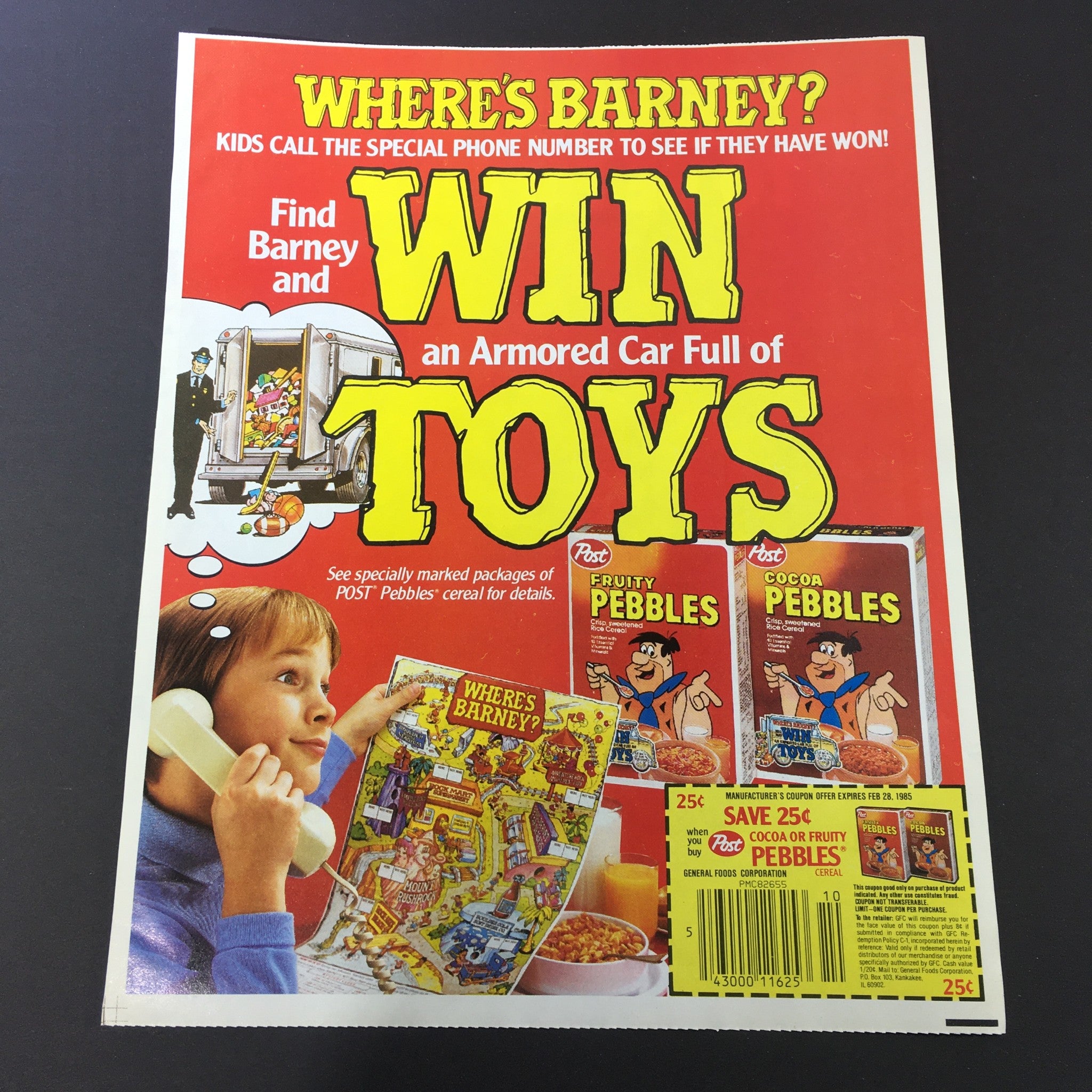 1985 Post Cocoa or Fruity Pebbles Cereal Flintstones Find Barney Print Ad Coupon