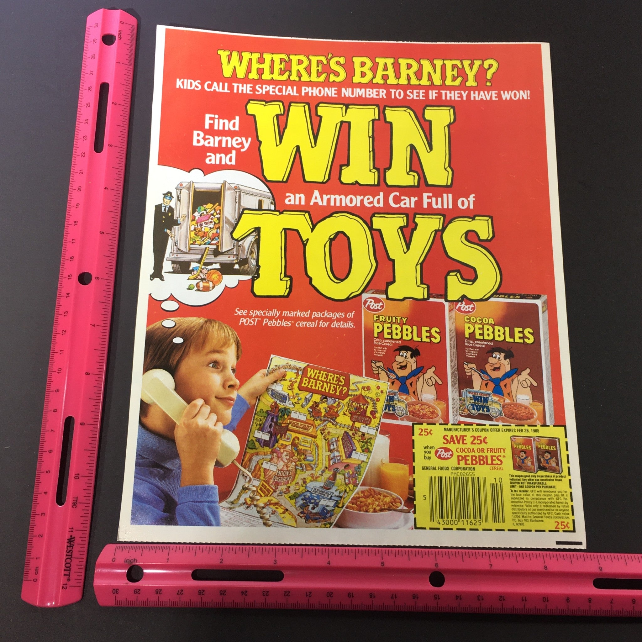 1985 Post Cocoa or Fruity Pebbles Cereal Flintstones Find Barney Print Ad Coupon